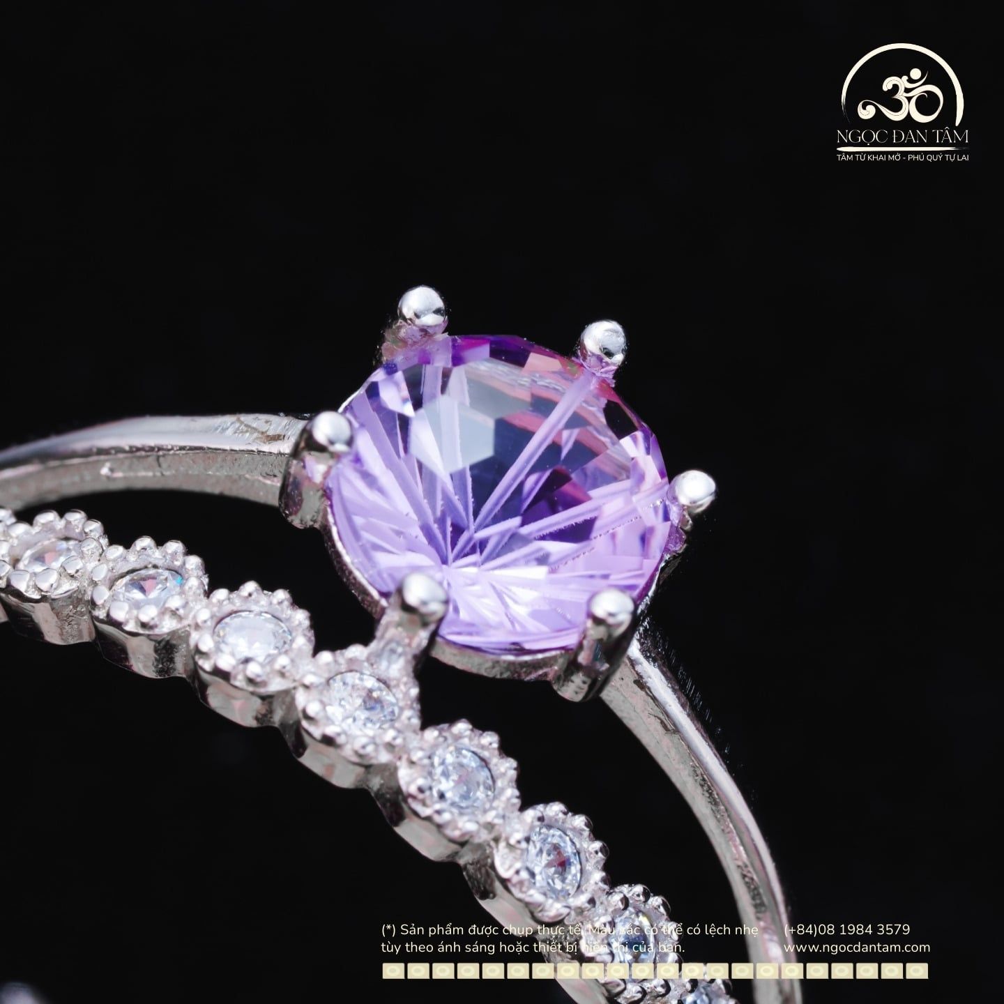  Nhẫn Bạc 925 Đính Đá Thạch Anh Tím Vuông Miệng Tròn 