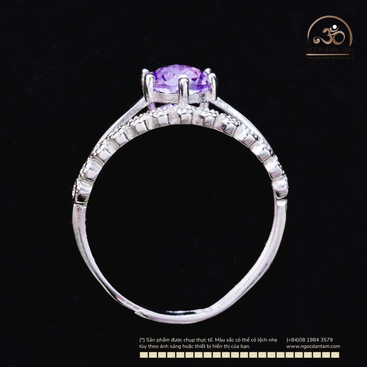  Nhẫn Bạc 925 Đính Đá Thạch Anh Tím Vuông Miệng Tròn 