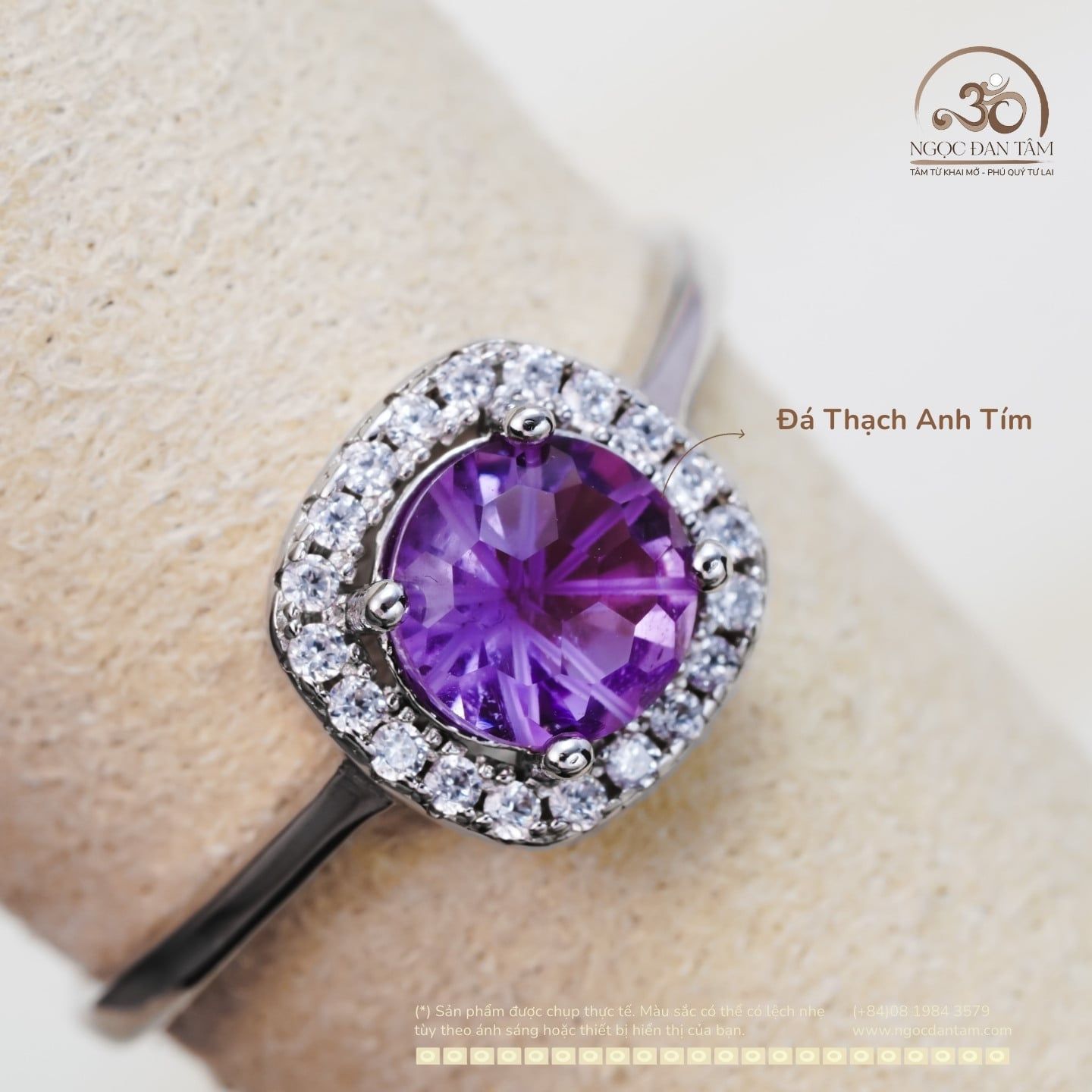  Nhẫn Bạc 925 Đính Đá Thạch Anh Tím 6mm 