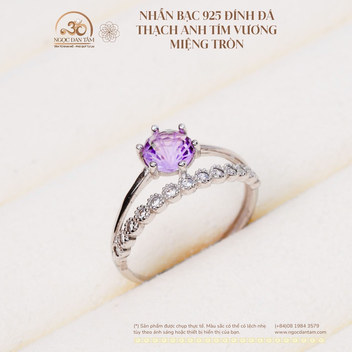  Nhẫn Bạc 925 Đính Đá Thạch Anh Tím Vuông Miệng Tròn 