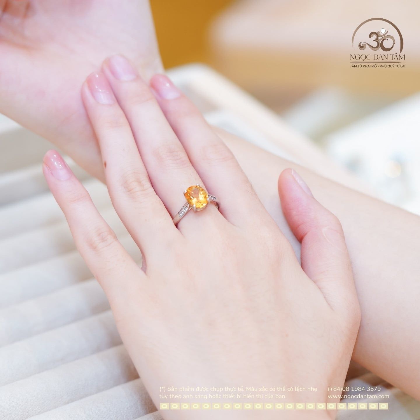  Nhẫn bạc 925 Đính Đá Thạch Anh Vàng 8x10mm 