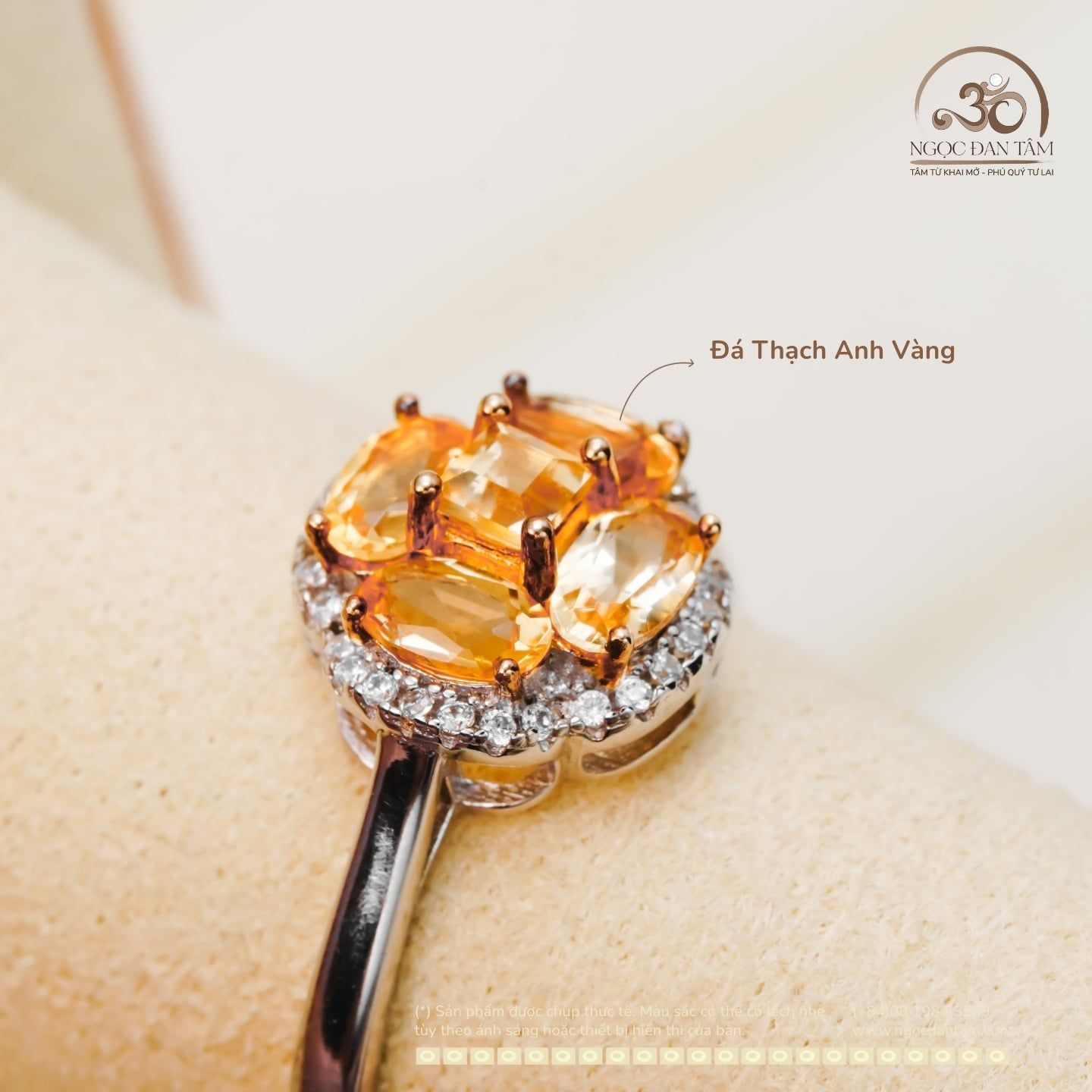  Nhẫn bạc 925 Đính Đá Thạch Anh Vàng 3x5mm 