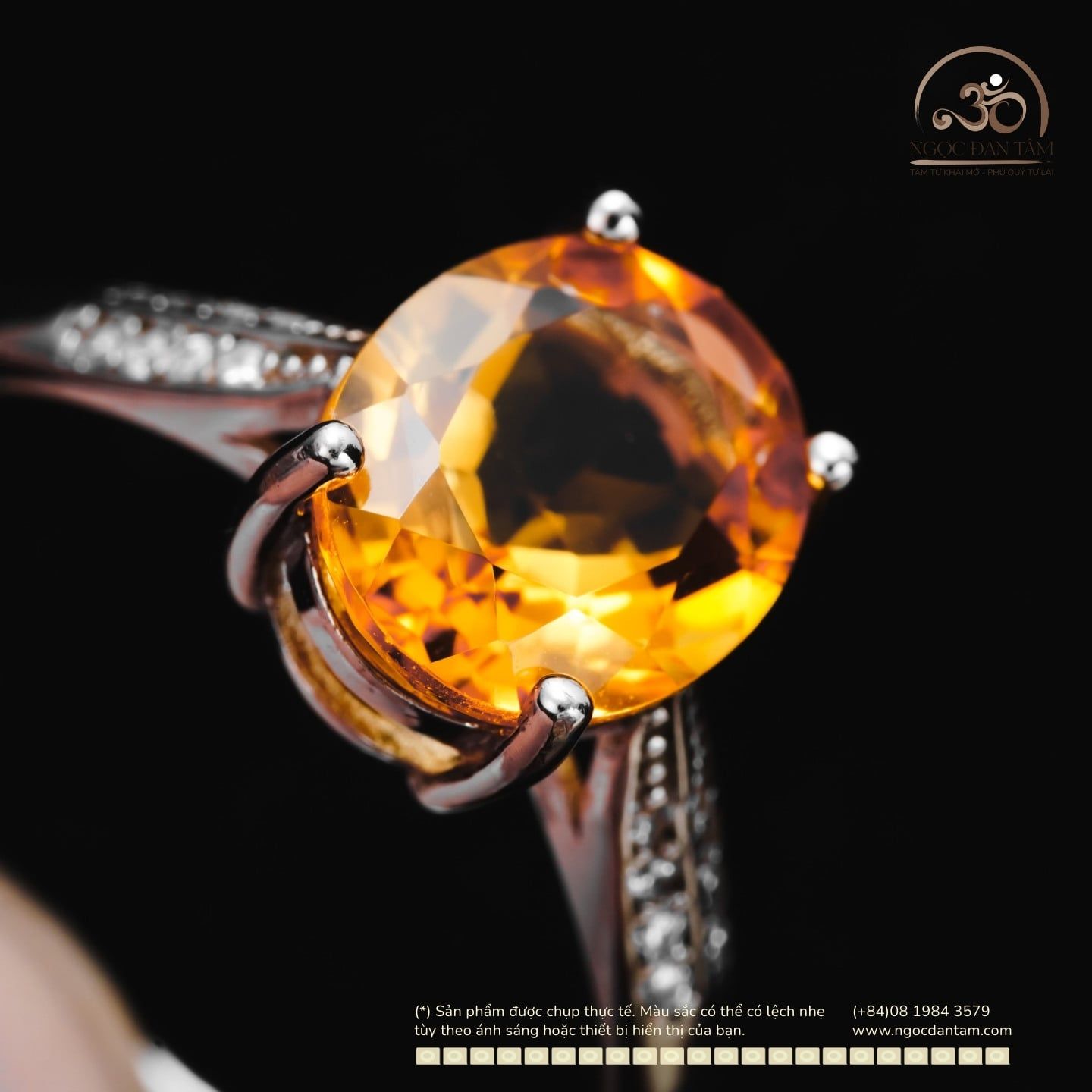  Nhẫn bạc 925 Đính Đá Thạch Anh Vàng 8x10mm 