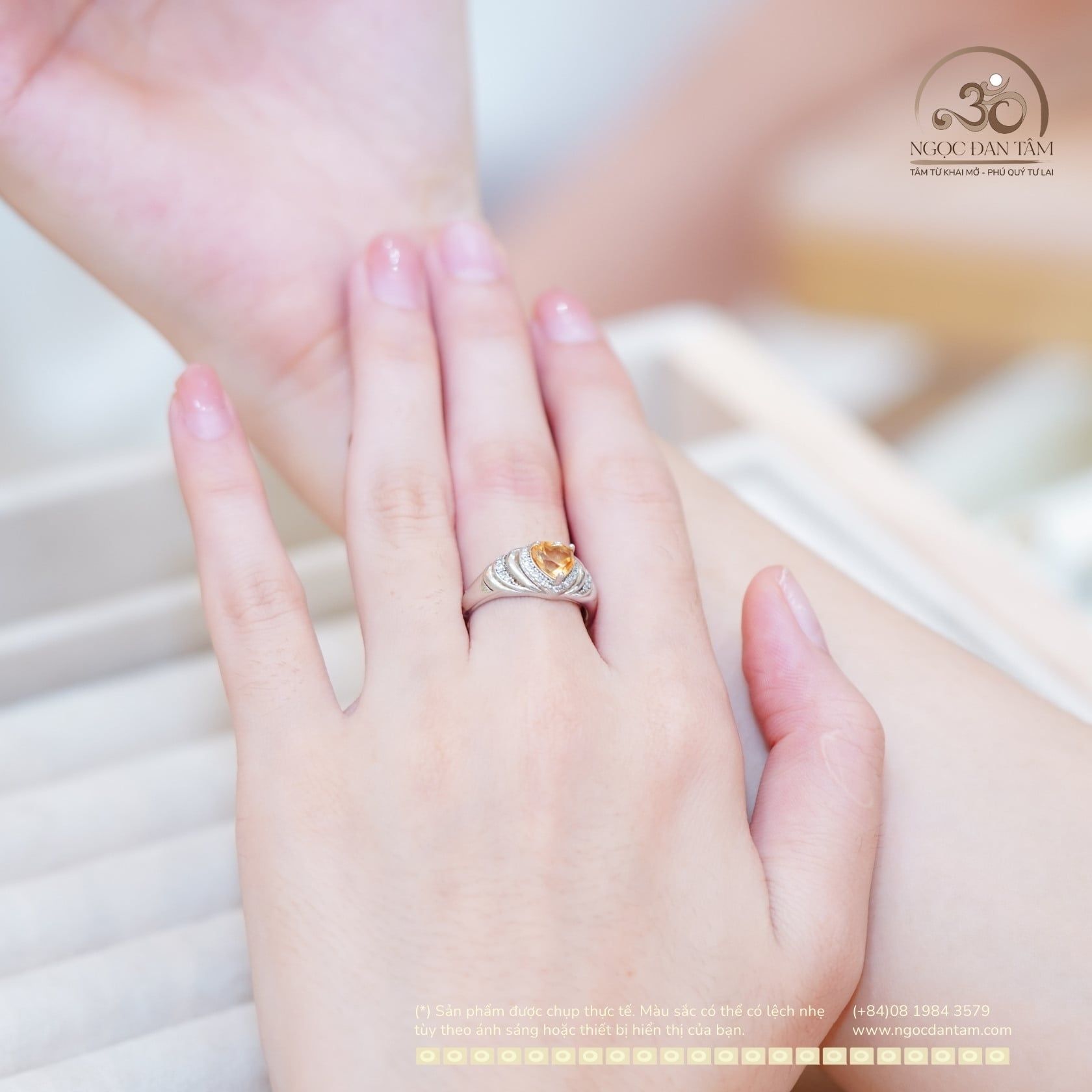  Nhẫn Bạc 925 Đính Đá Thạch Anh Vàng 7mm 