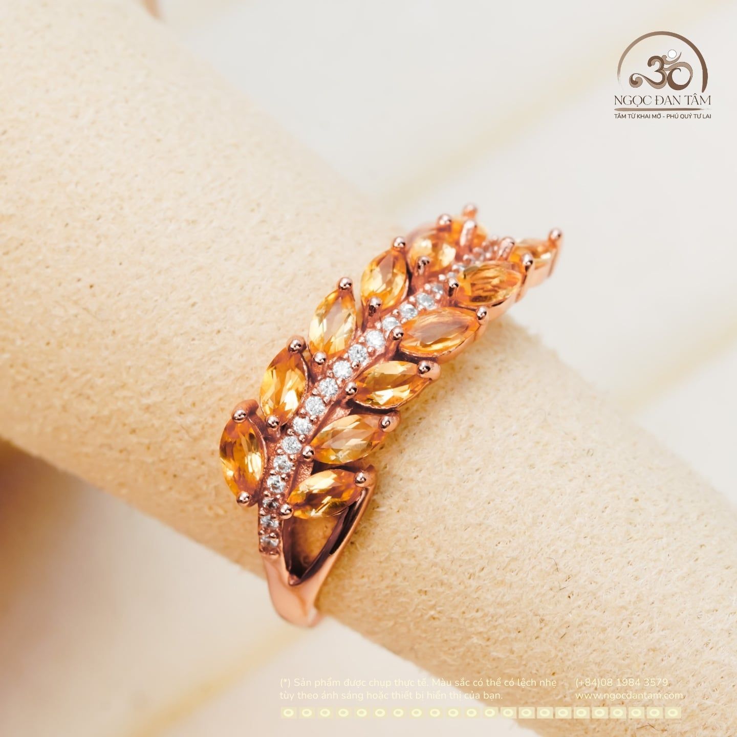  Nhẫn Bạc 925 Đính Đá Thạch Anh Vàng bông lúa 2x4mm 