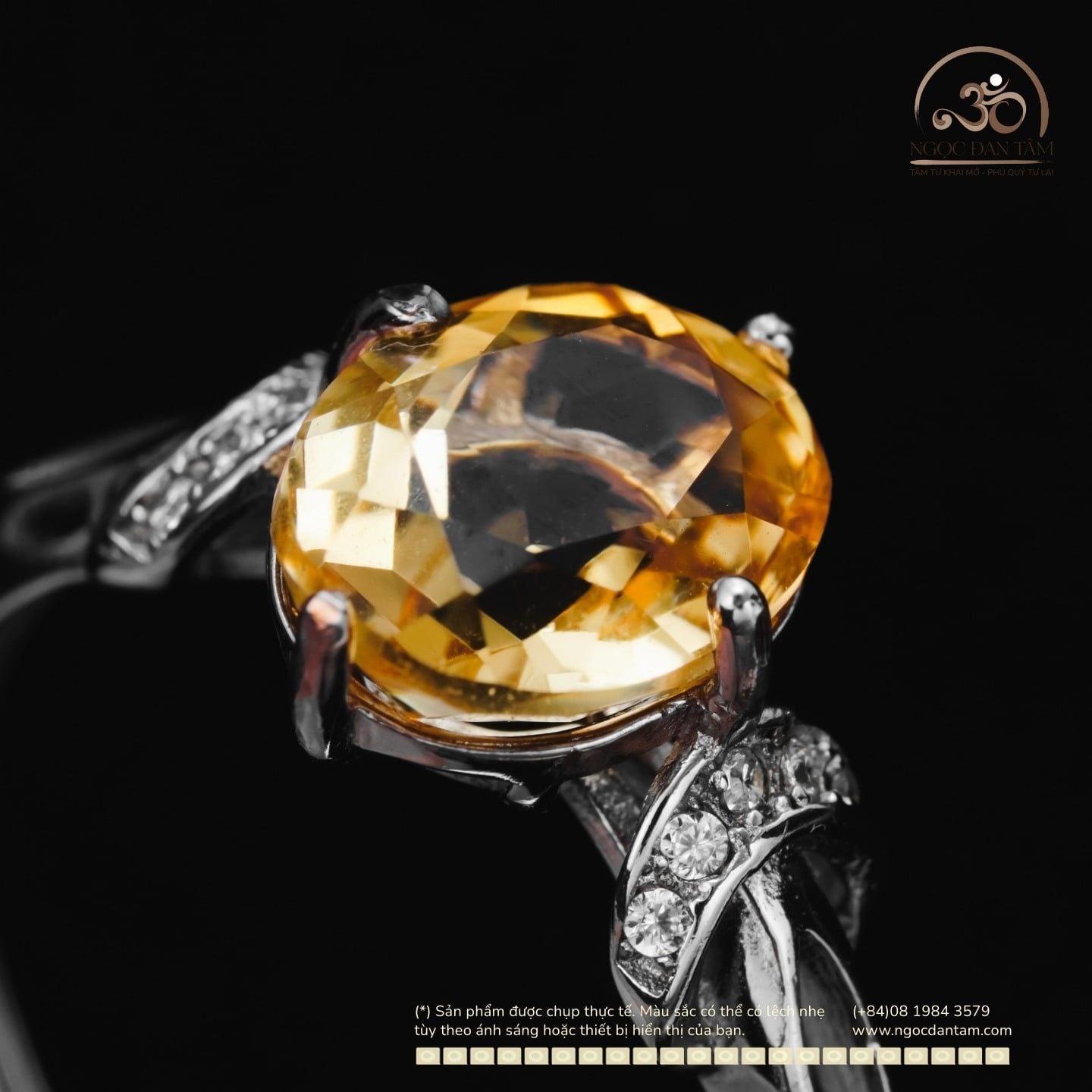  Nhẫn Bạc 925 Đính Đá Thạch Anh Vàng 8x10mm 