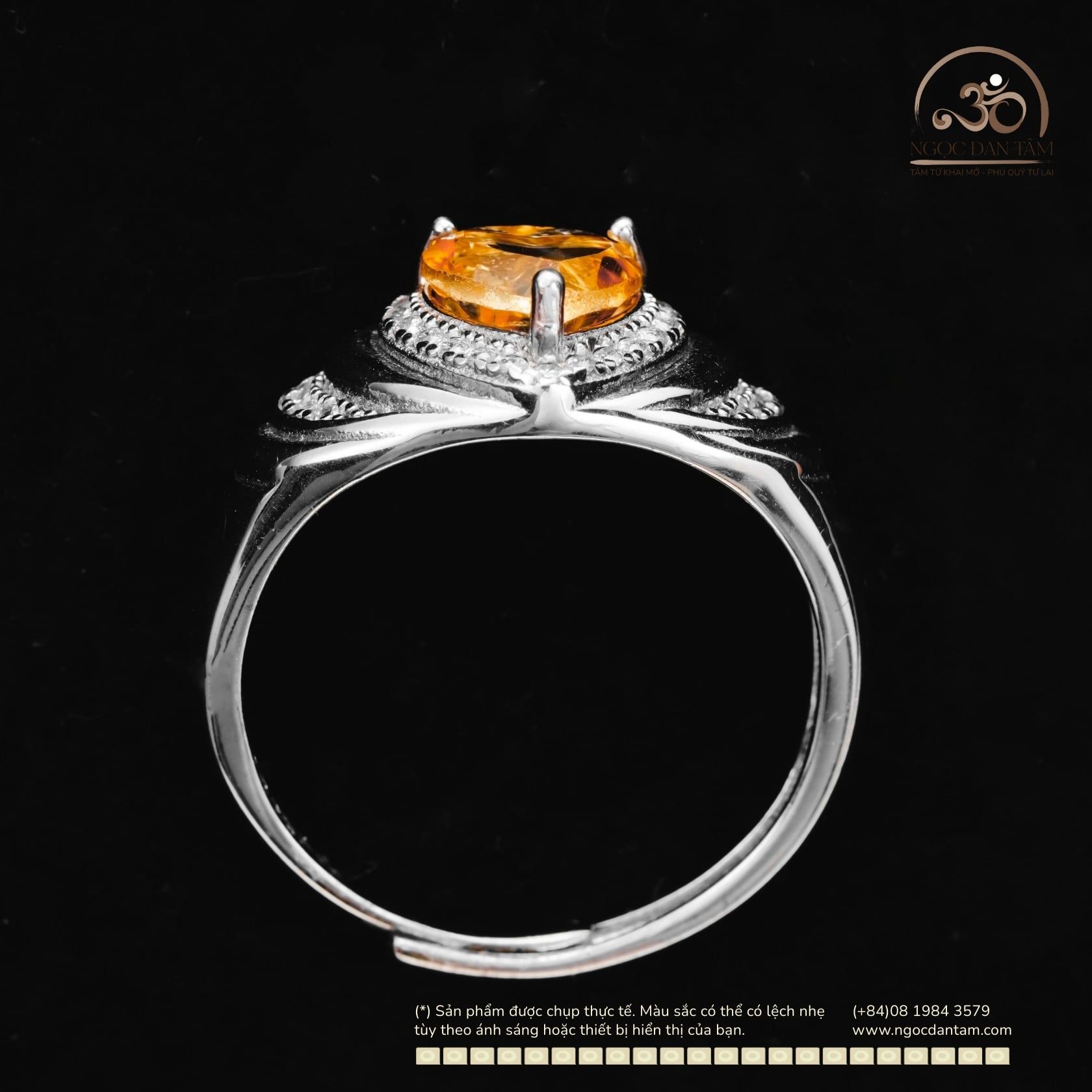  Nhẫn Bạc 925 Đính Đá Thạch Anh Vàng 7mm 