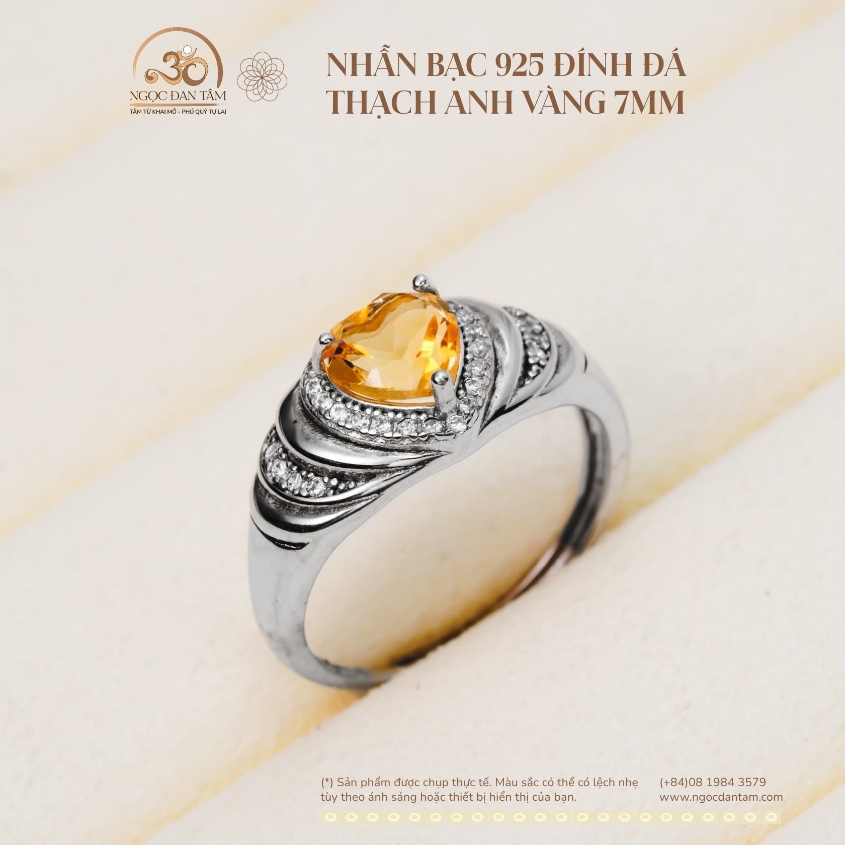  Nhẫn Bạc 925 Đính Đá Thạch Anh Vàng 7mm 