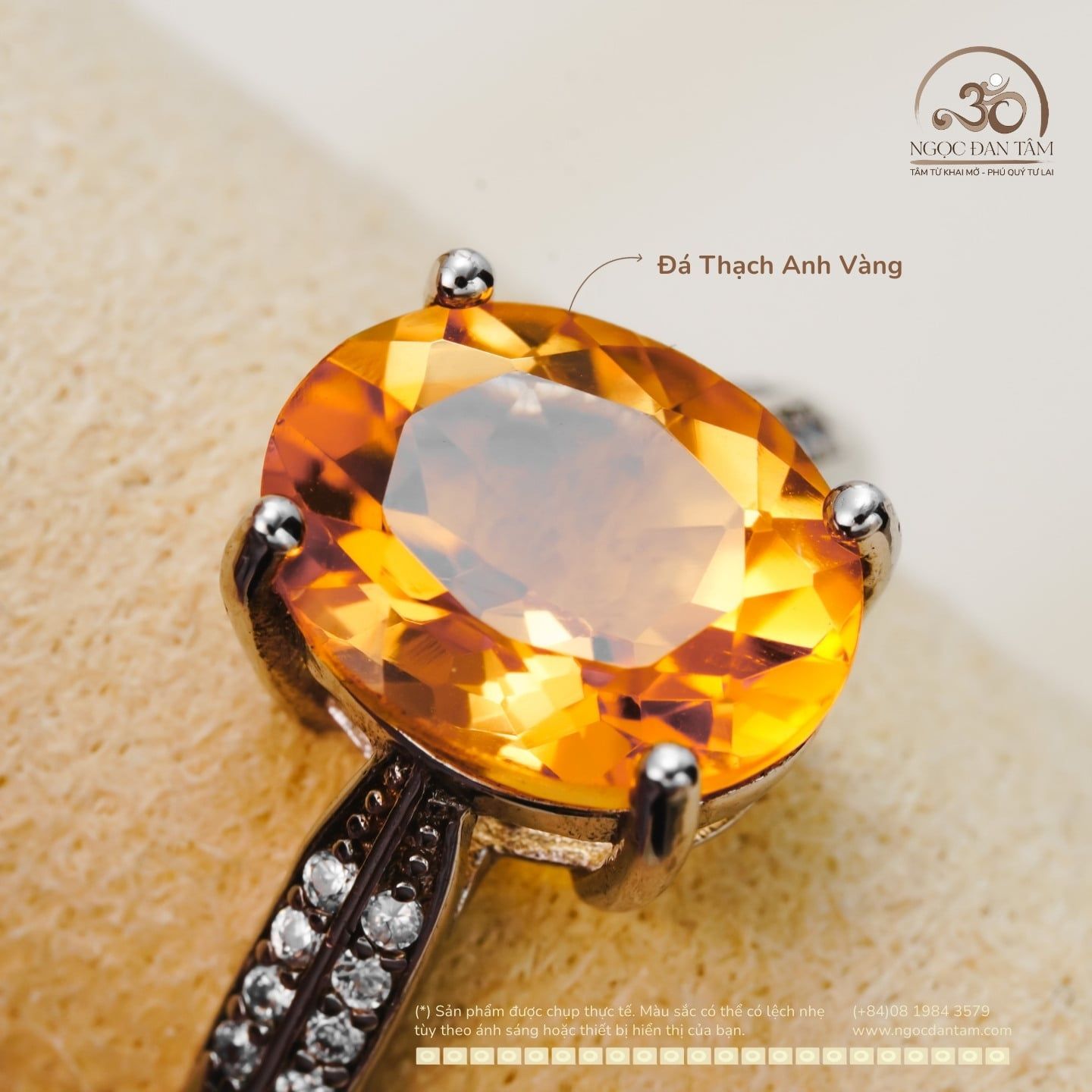  Nhẫn bạc 925 Đính Đá Thạch Anh Vàng 8x10mm 