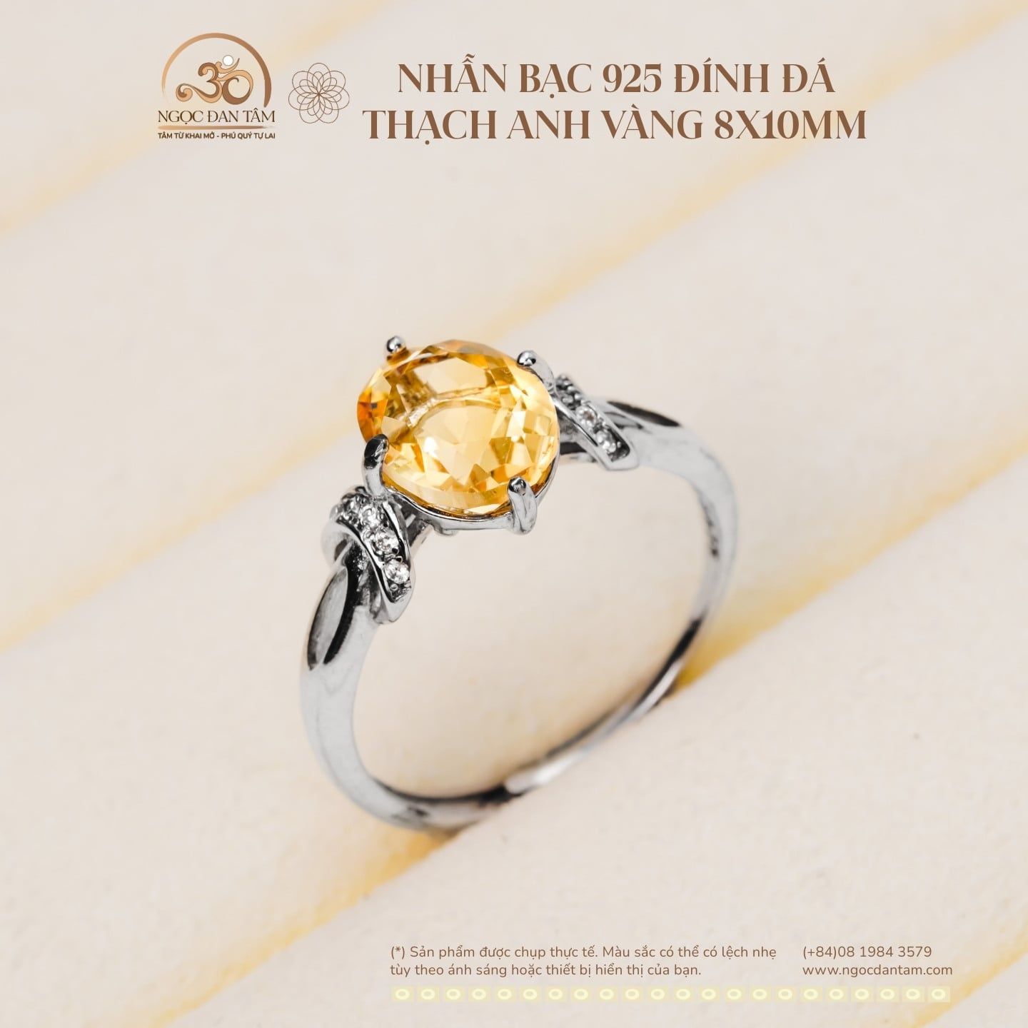  Nhẫn Bạc 925 Đính Đá Thạch Anh Vàng 8x10mm 