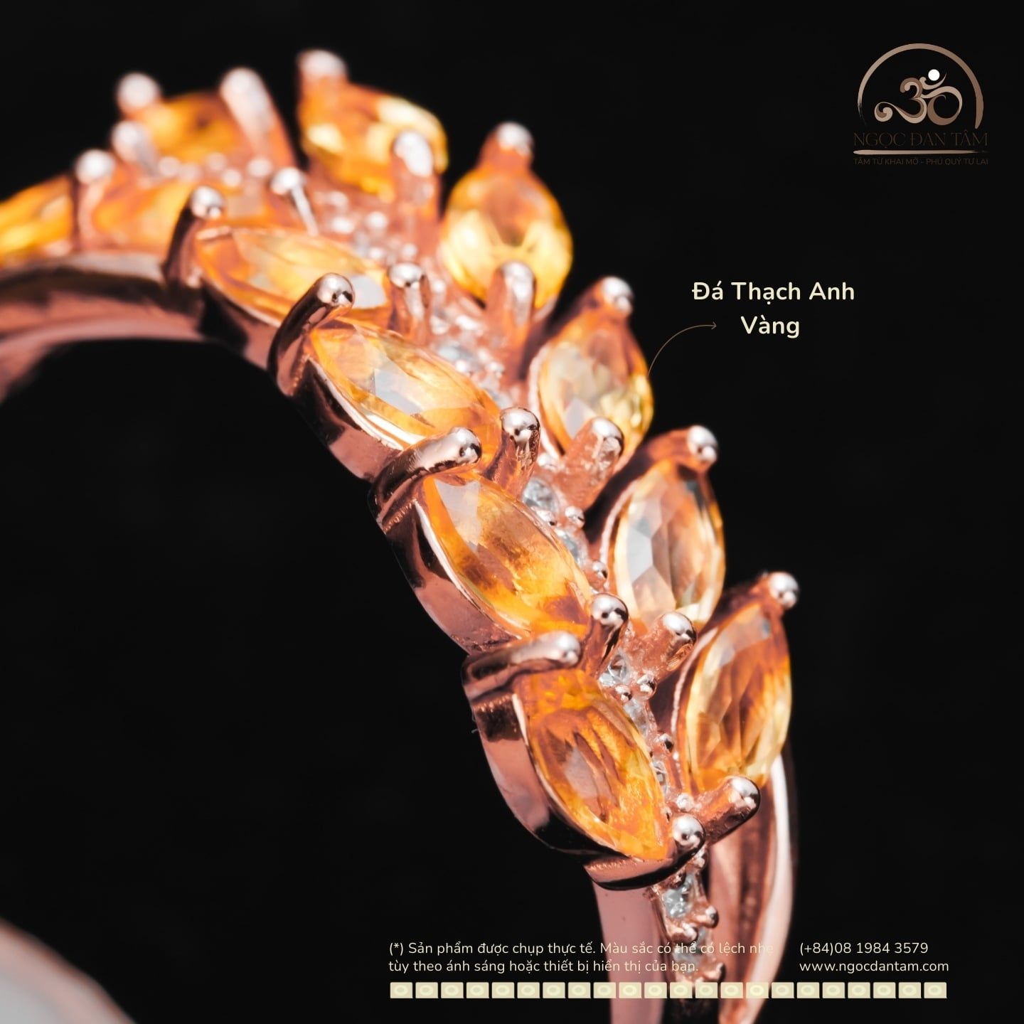  Nhẫn Bạc 925 Đính Đá Thạch Anh Vàng bông lúa 2x4mm 