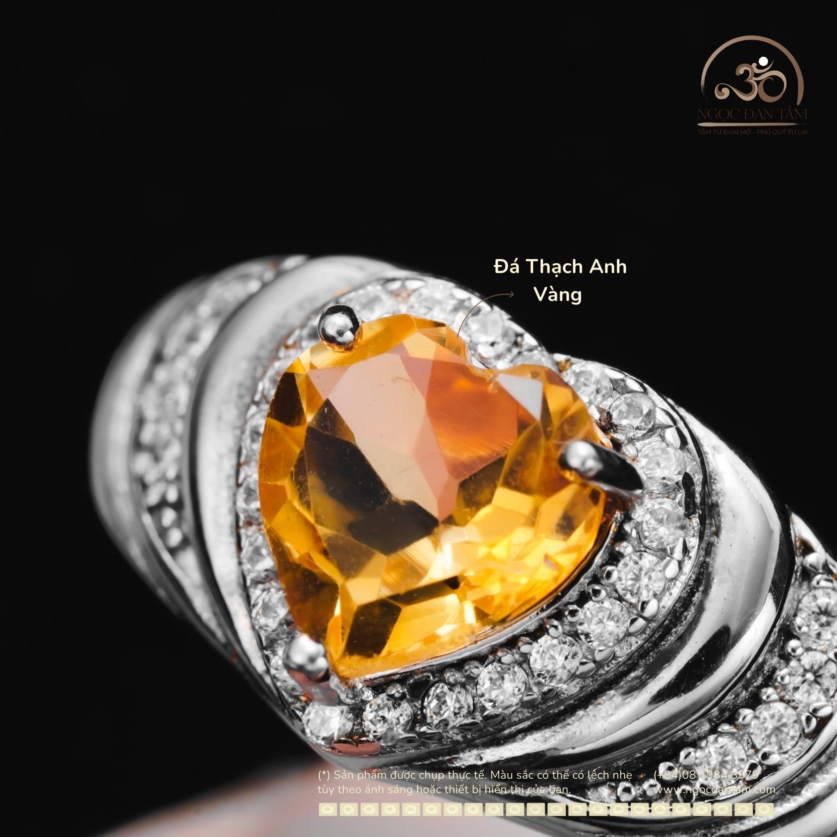  Nhẫn Bạc 925 Đính Đá Thạch Anh Vàng 7mm 