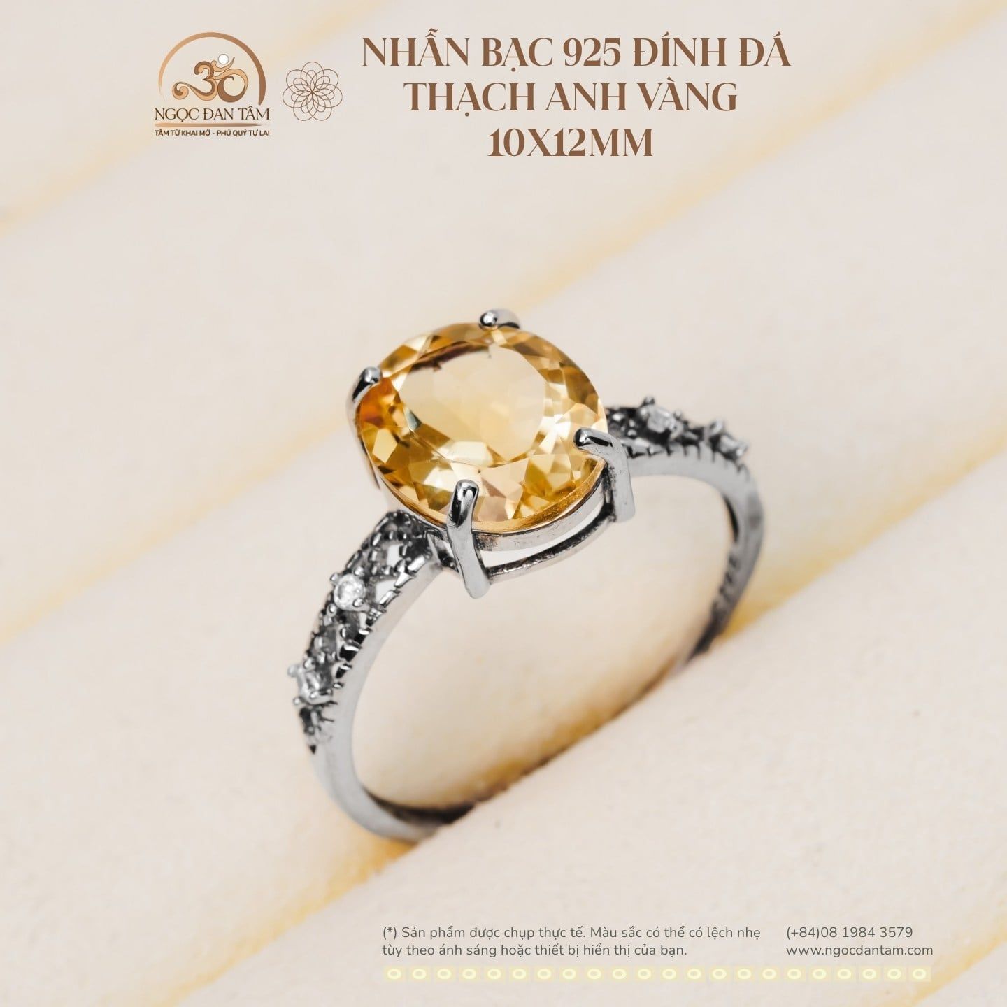  Nhẫn bạc 925 Đính Đá Thạch Anh Vàng 10x12mm 