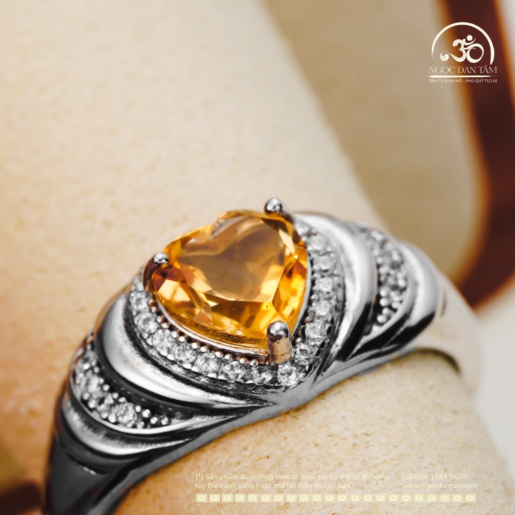  Nhẫn Bạc 925 Đính Đá Thạch Anh Vàng 7mm 