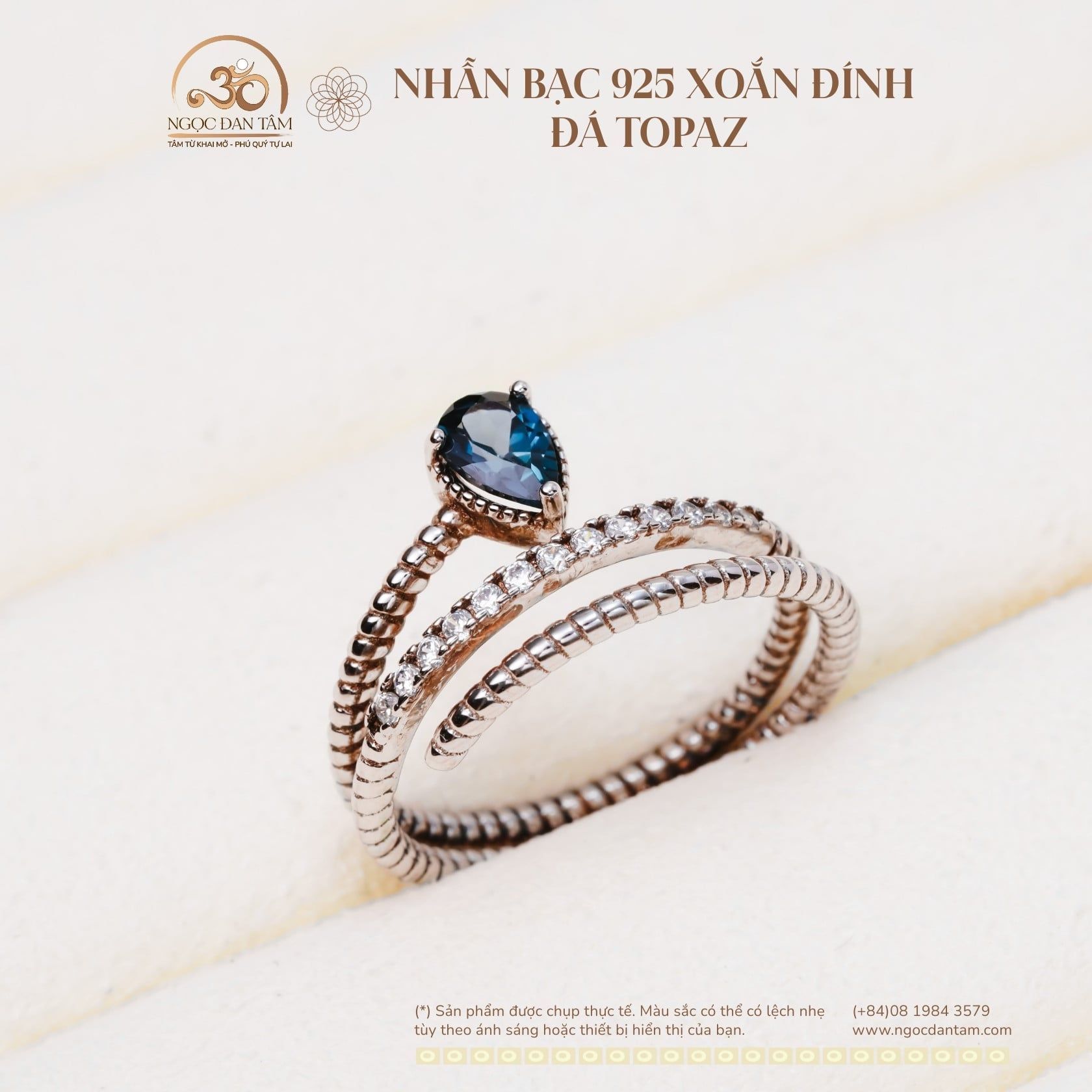  Nhẫn Bạc 925 Xoắn Đính Đá Topaz 