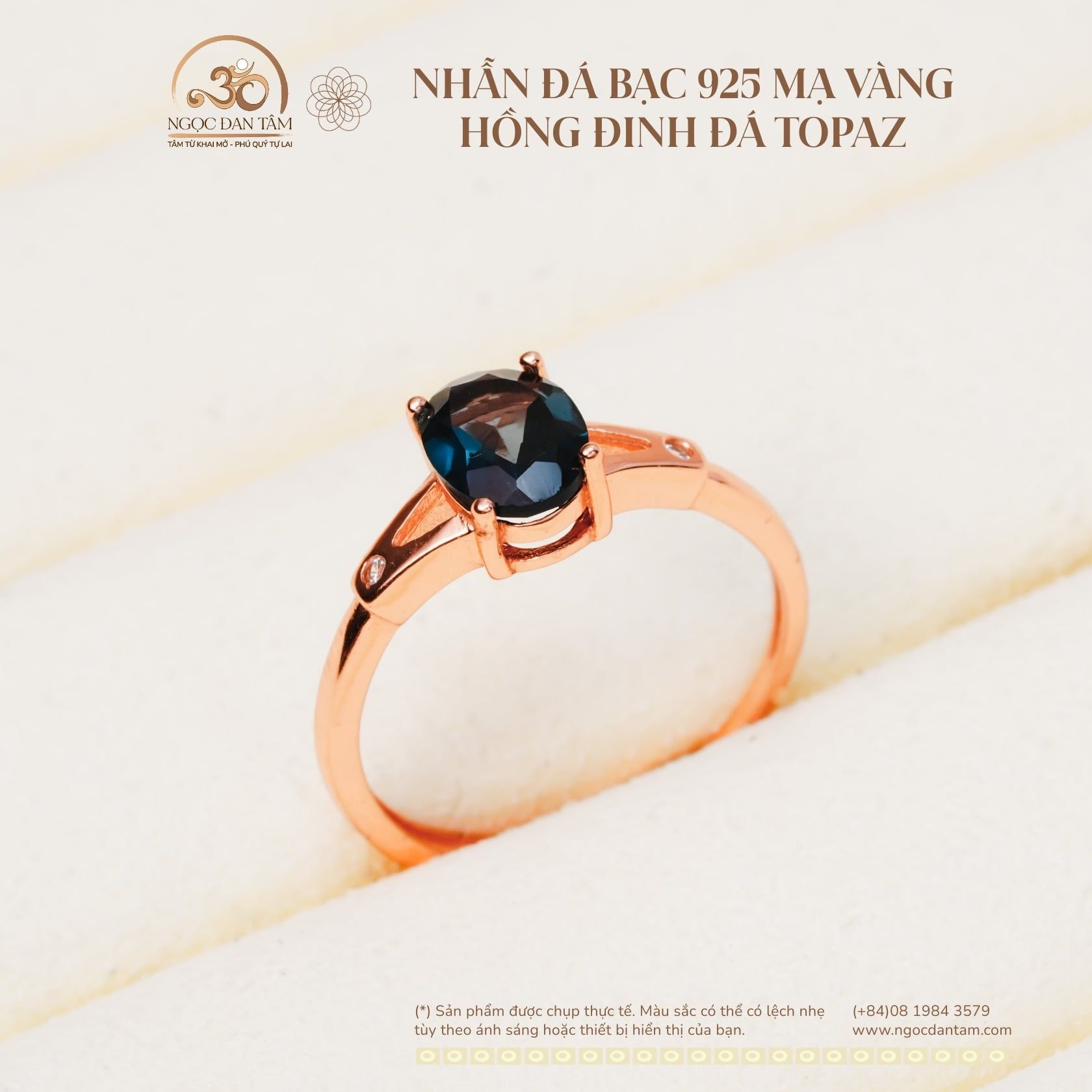  Nhẫn Bạc 925 Mạ Vàng Hồng Đính Đá Topaz 