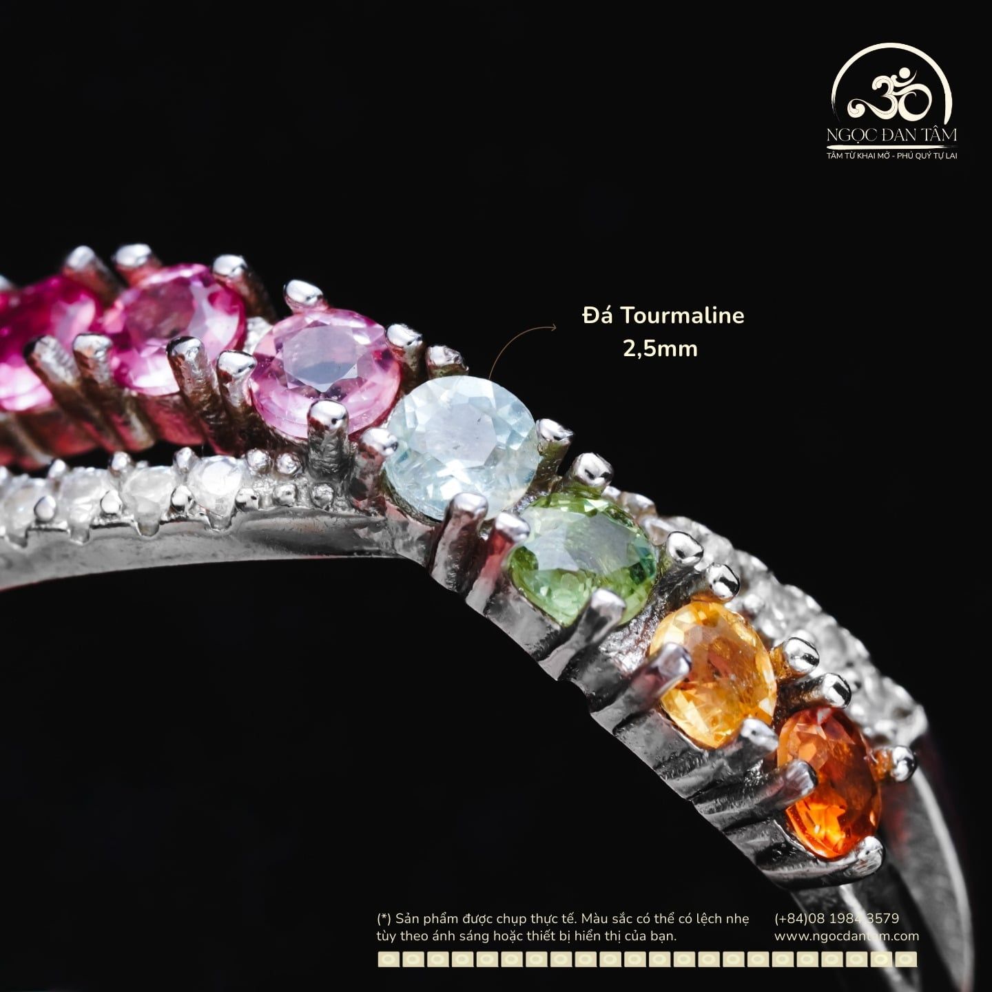  Nhẫn Bạc 925 Đính Đá Tourmaline 2.5mm 