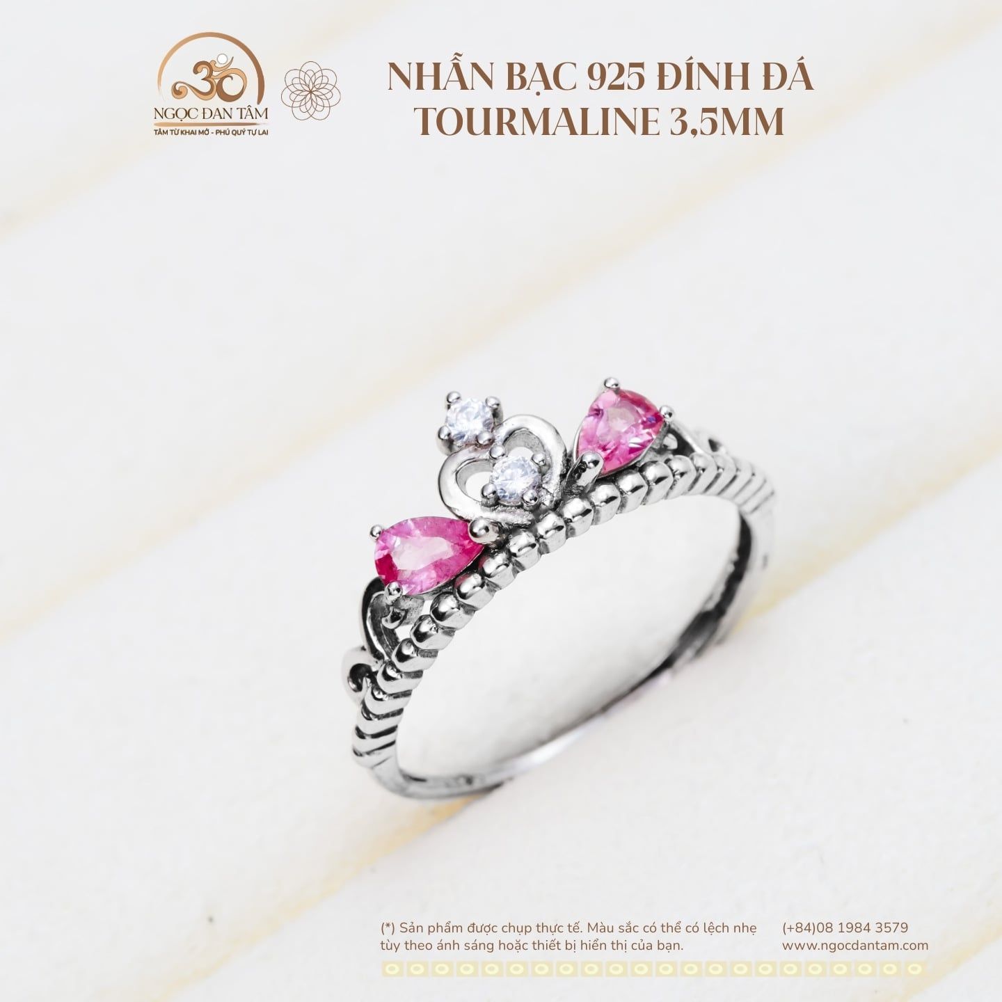  Nhẫn Bạc 925 Đính Đá Tourmaline 3,5mm 