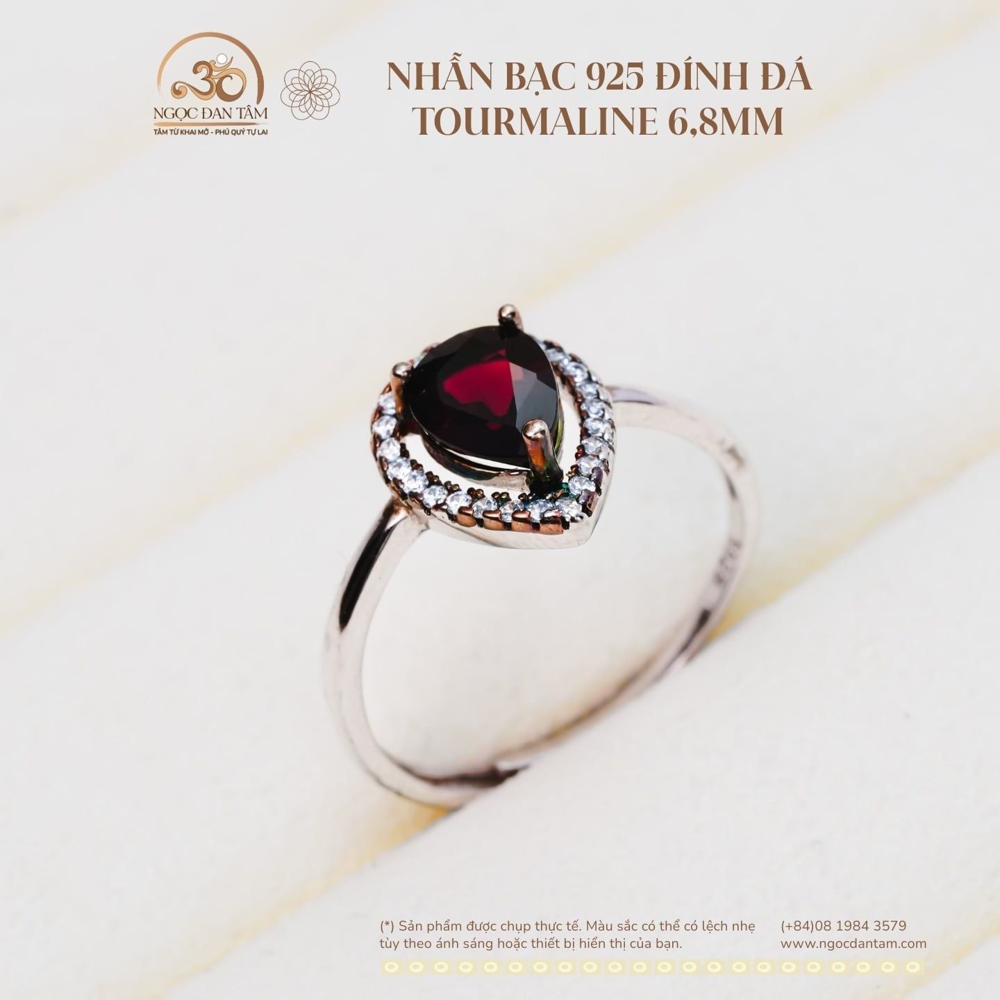  Nhẫn Bạc 925 Đính Đá Tourmaline 6.8mm 