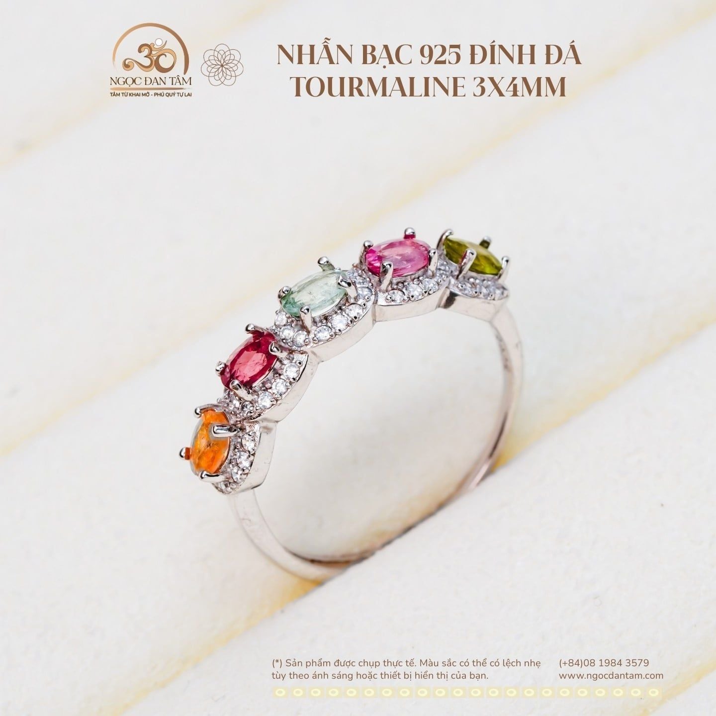  Nhẫn Bạc 925 Đính Đá Tourmaline 3x4mm 