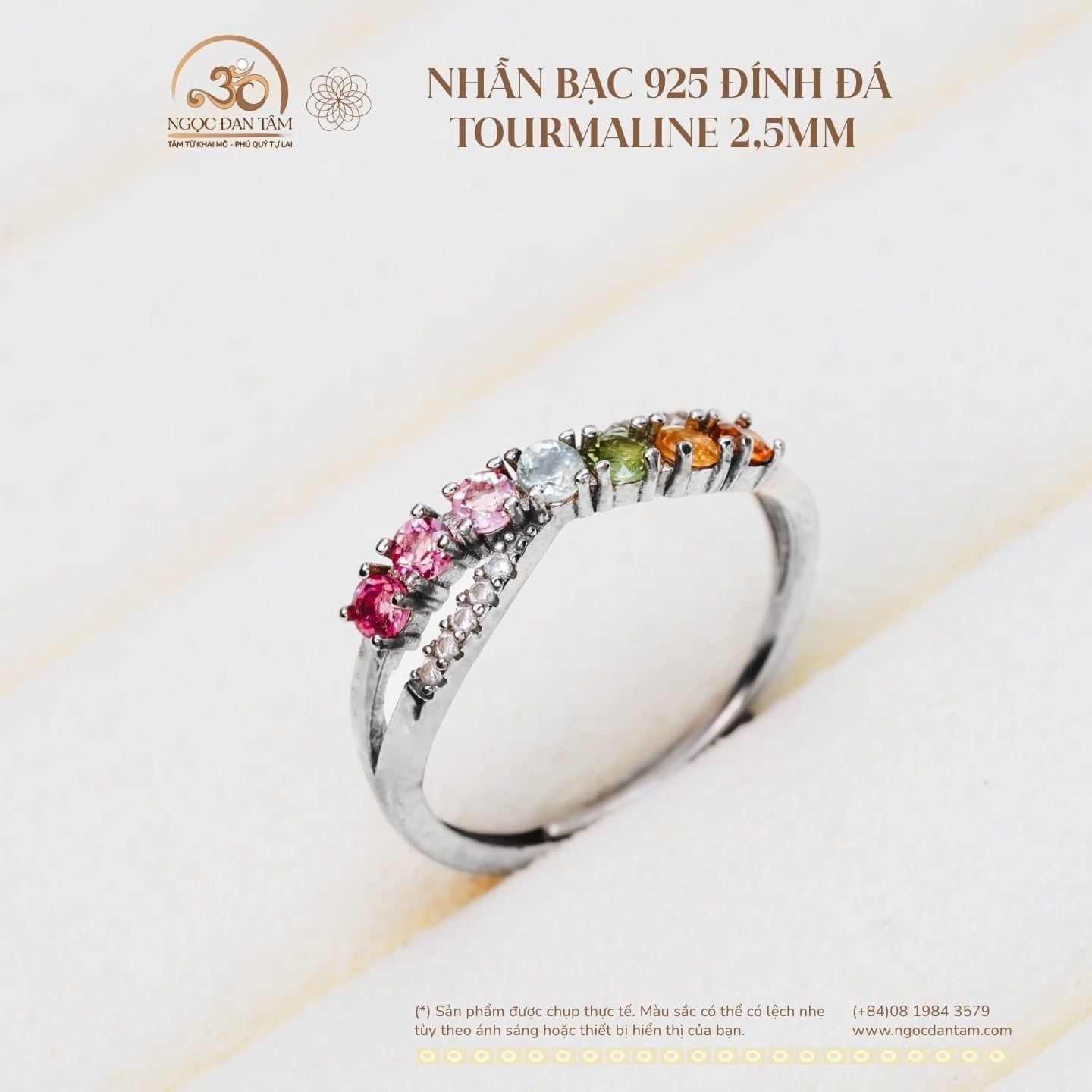  Nhẫn Bạc 925 Đính Đá Tourmaline 2.5mm 