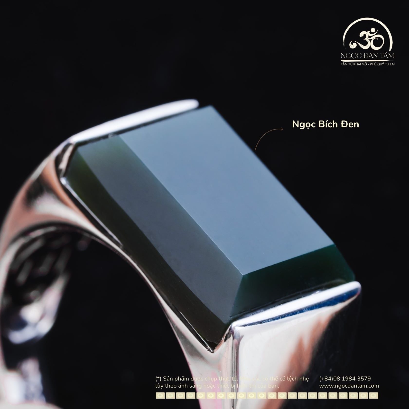  Nhẫn Bạc 925 Đính Ngọc Bích Đen 12mm 