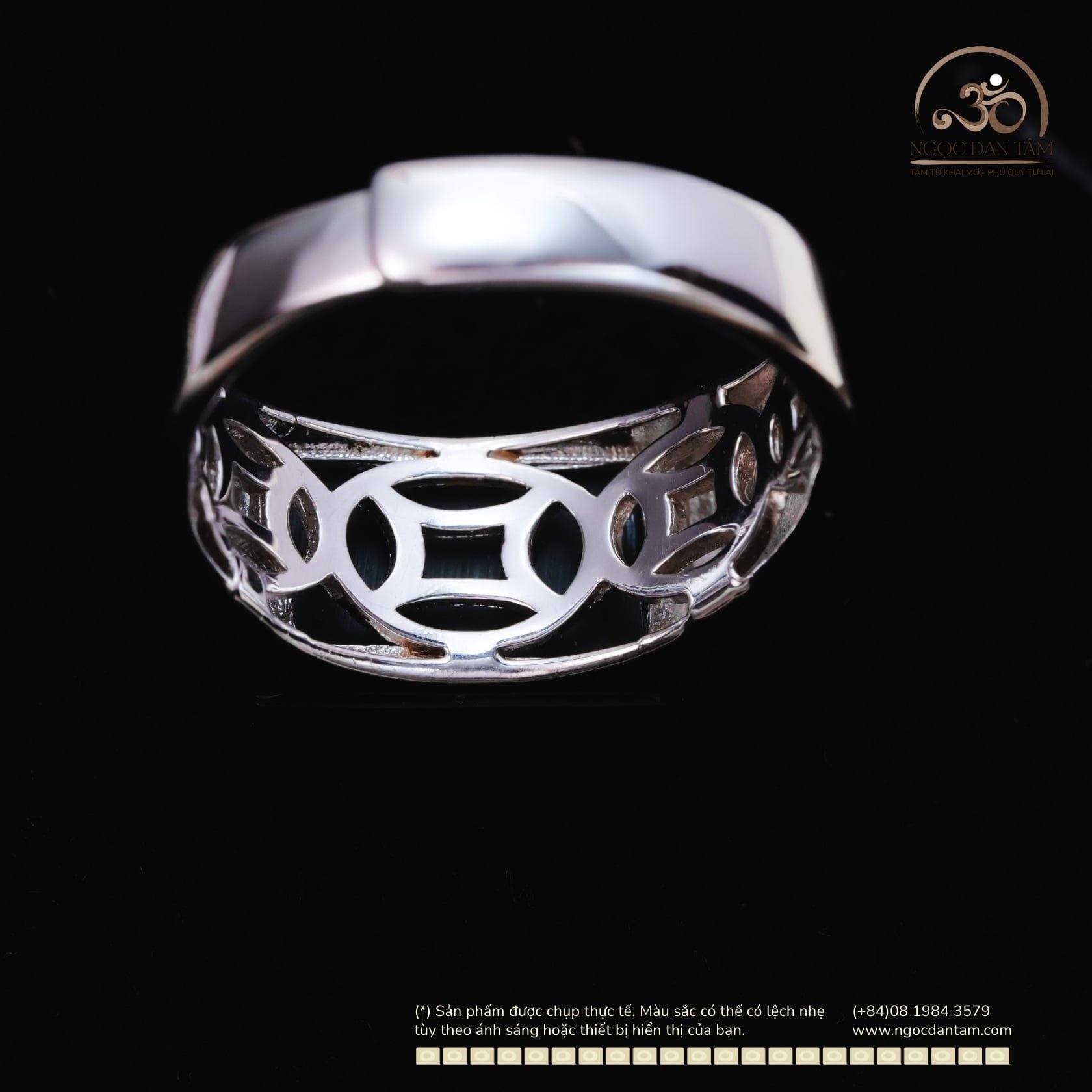  Nhẫn Bạc 925 Đính Ngọc Bích Đen 12mm 