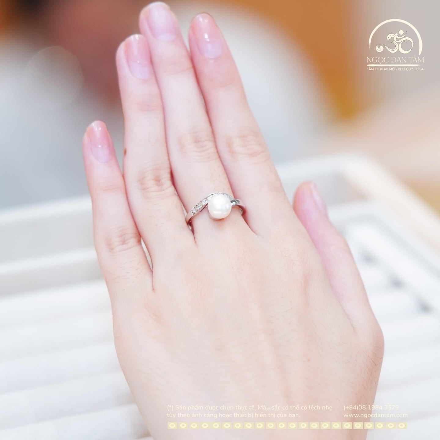  Nhẫn Bạc 925 Ngọc Trai 8mm Đính Đá 