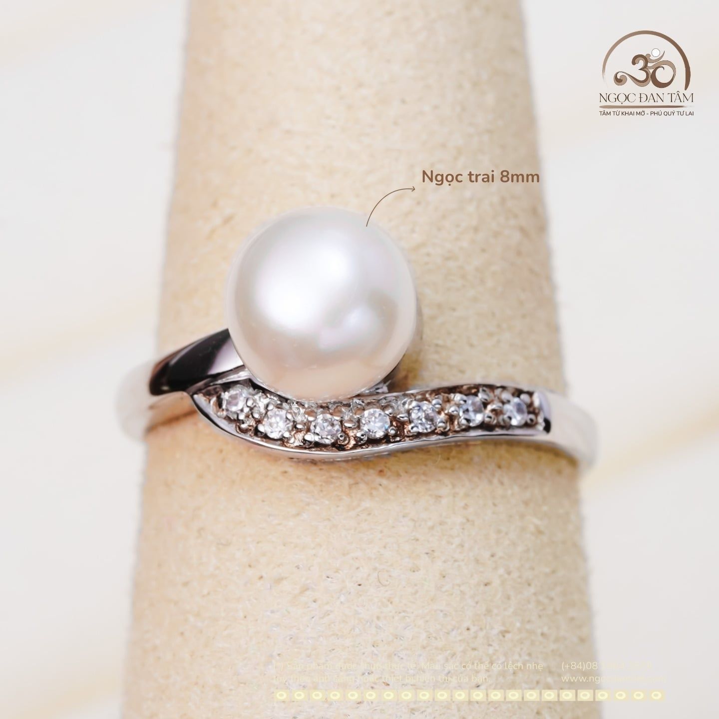  Nhẫn Bạc 925 Ngọc Trai 8mm Đính Đá 