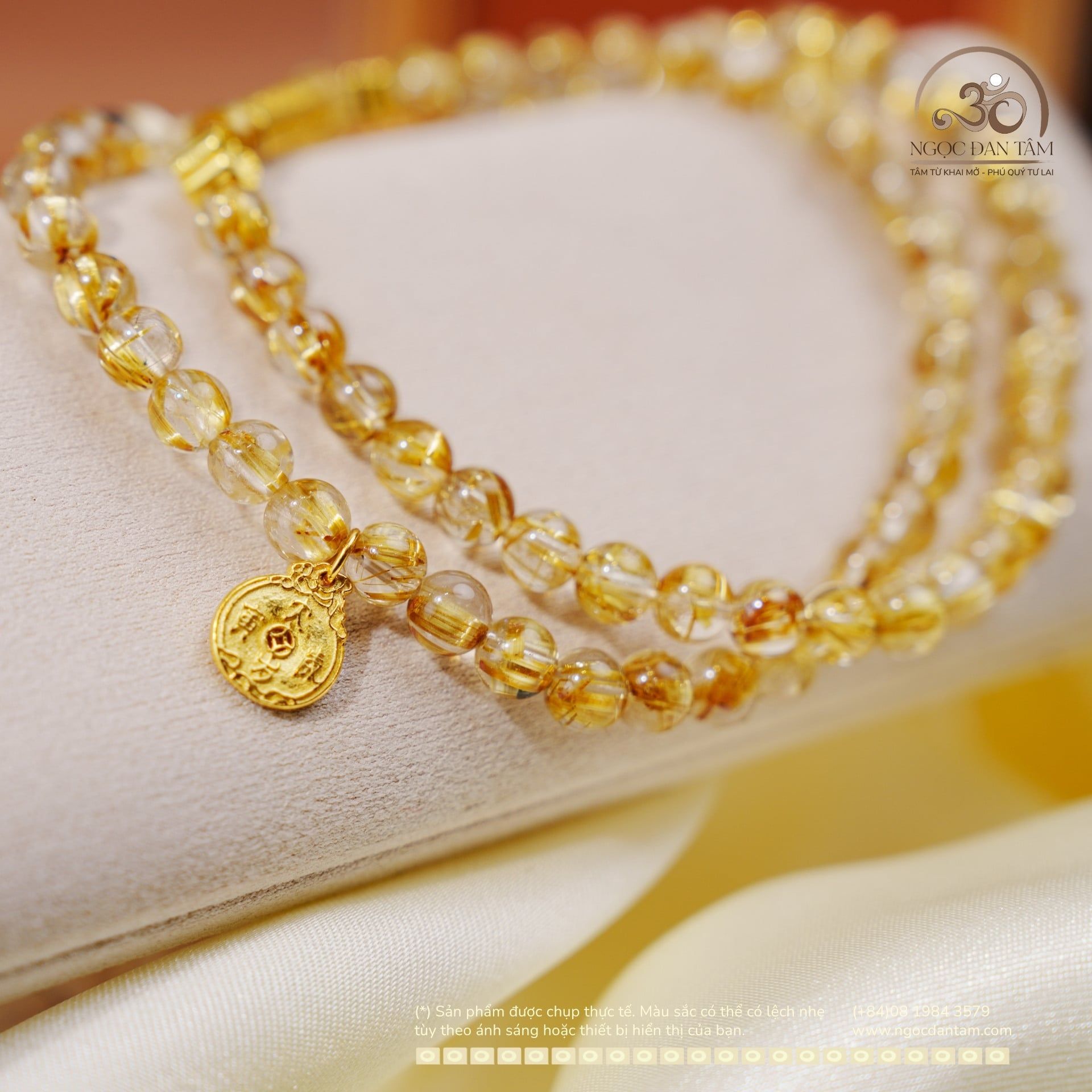  Chuỗi Vòng Tay Thạch Anh Tóc Vàng Đồng Trục 6mm VVIP Phối Charm Bạc 925 Mạ Vàng Cao Cấp 