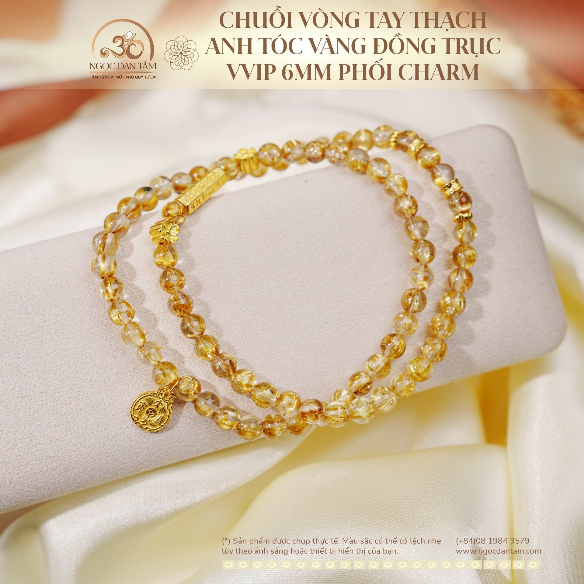  Chuỗi Vòng Tay Thạch Anh Tóc Vàng Đồng Trục 6mm VVIP Phối Charm Bạc 925 Mạ Vàng Cao Cấp 