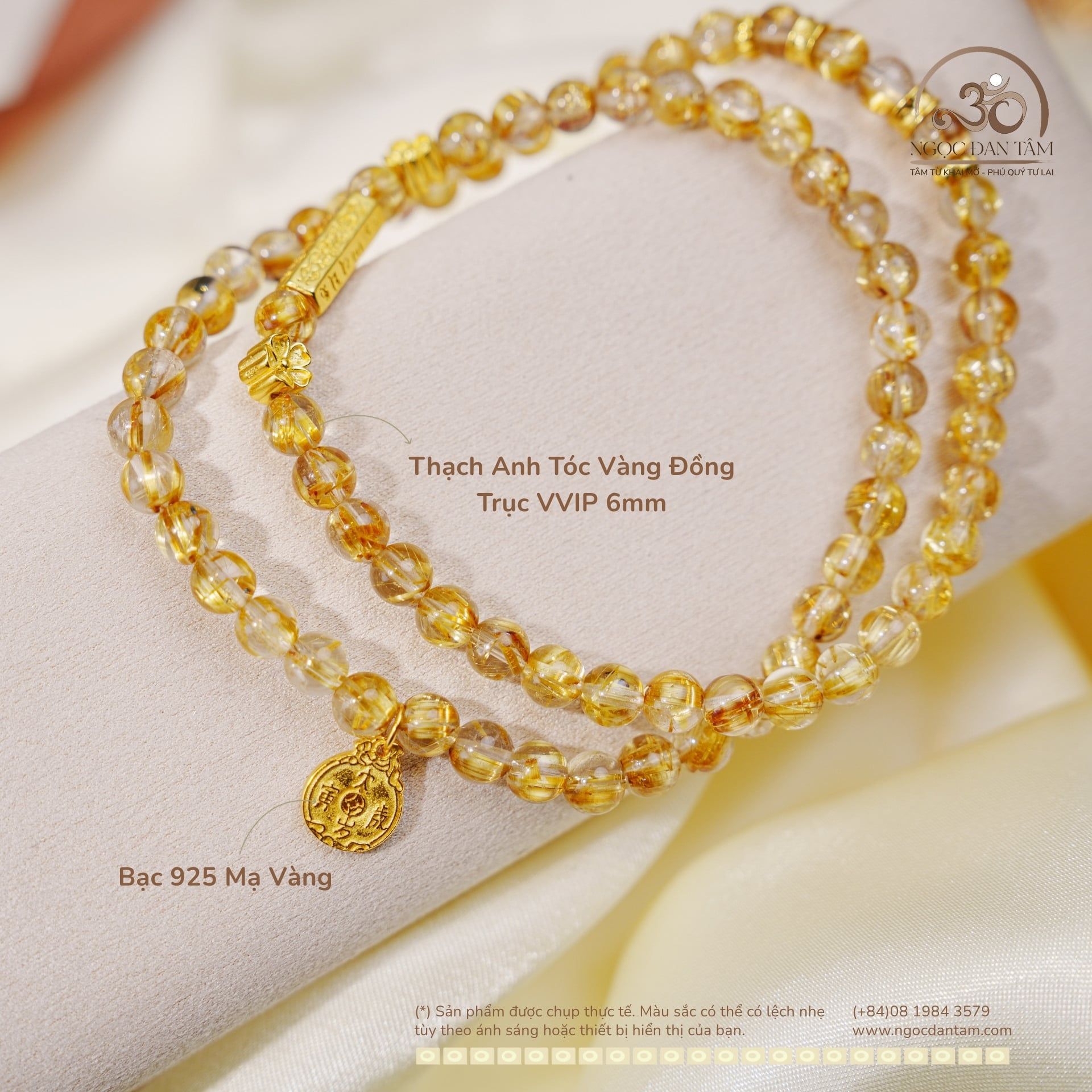 Chuỗi Vòng Tay Thạch Anh Tóc Vàng Đồng Trục 6mm VVIP Phối Charm Bạc 925 Mạ Vàng Cao Cấp 