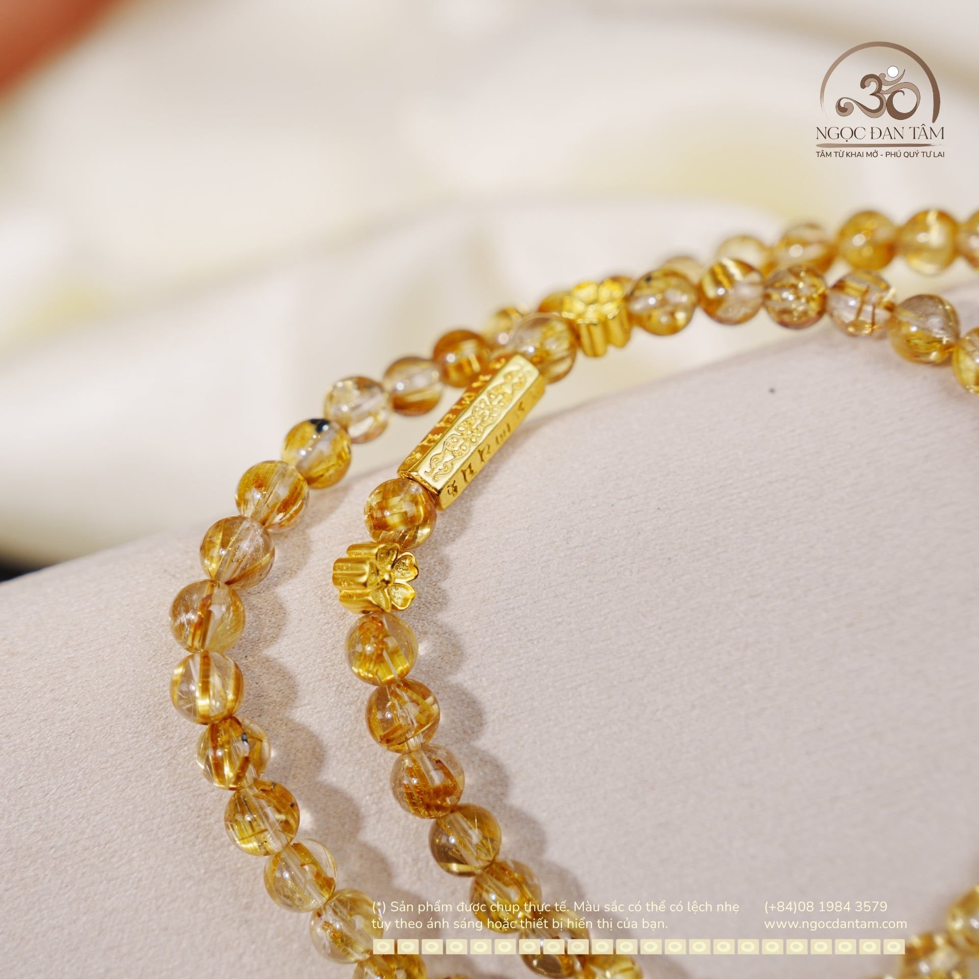  Chuỗi Vòng Tay Thạch Anh Tóc Vàng Đồng Trục 6mm VVIP Phối Charm Bạc 925 Mạ Vàng Cao Cấp 