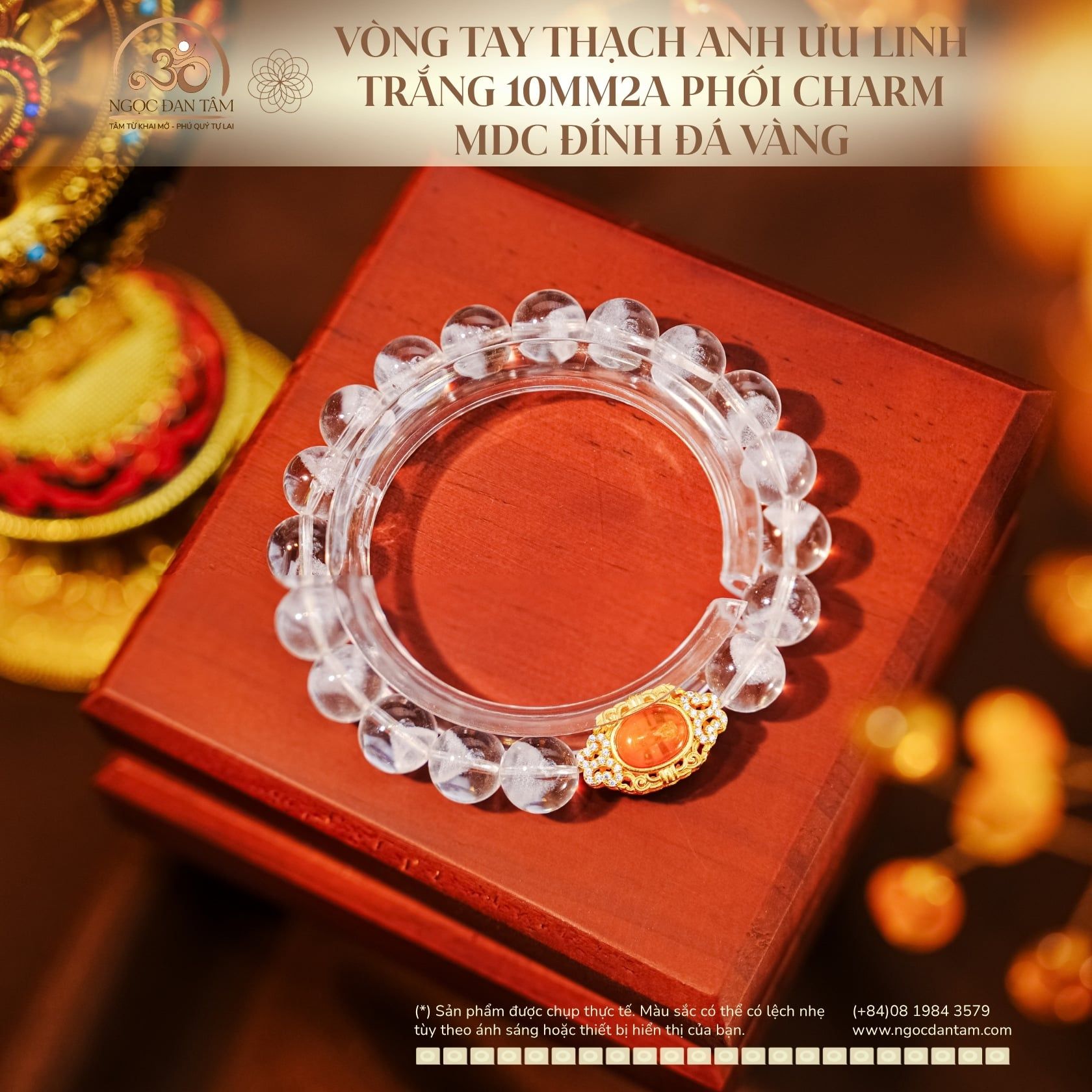  Vòng Tay Thạch Anh Ưu Linh Trắng 10mm 2A Phối Charm MDC Đính Đá Vàng 