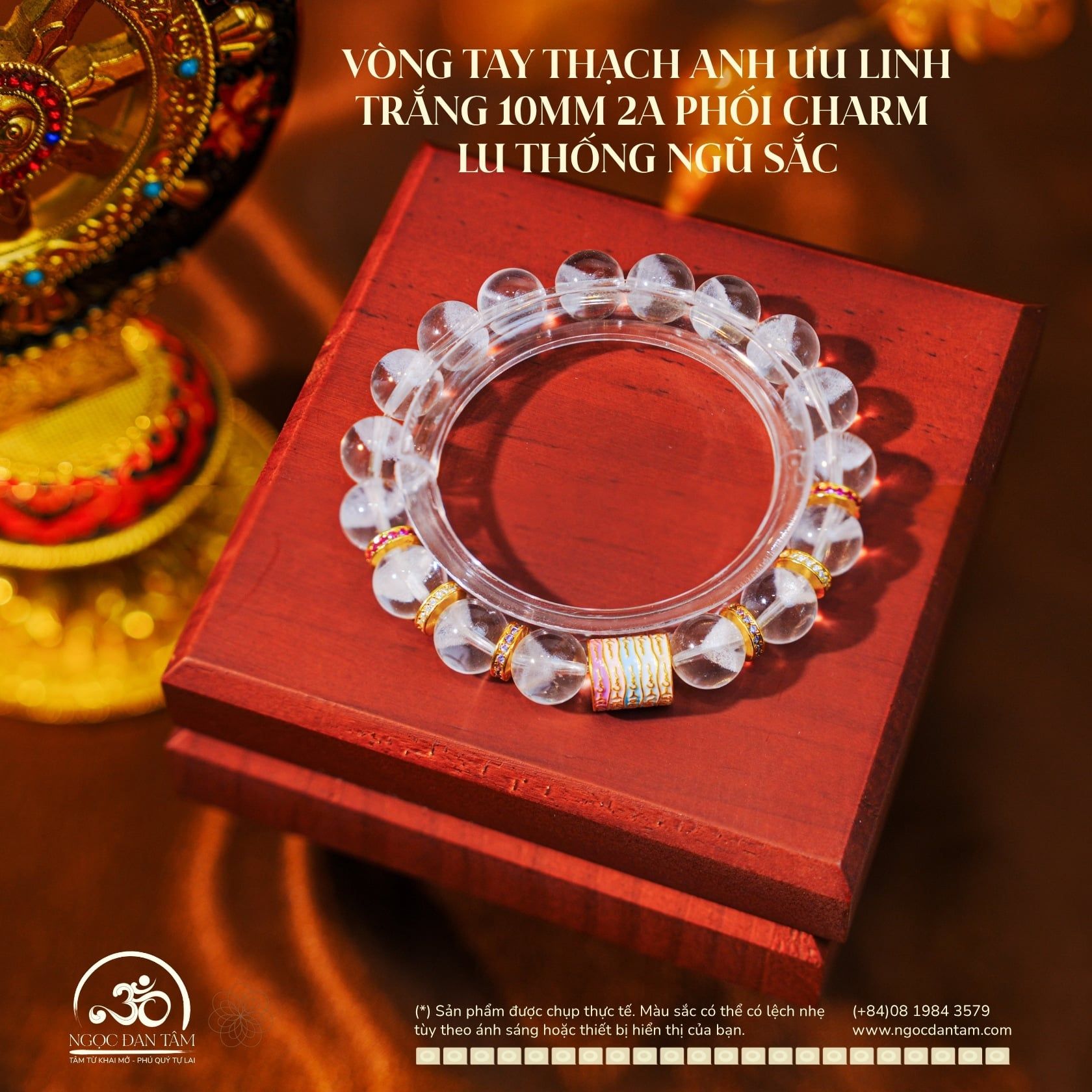  Vòng Tay Thạch Anh Ưu Linh Trắng 10mm 2A Phối Charm Lu Thống Ngũ Sắc 