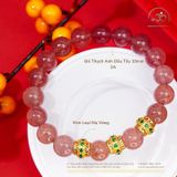  Vòng Tay Thạch Anh Dâu Tây 10mm 2A Phối Charm Trụ Tròn Đính Hạt Xanh Mạ Vàng 