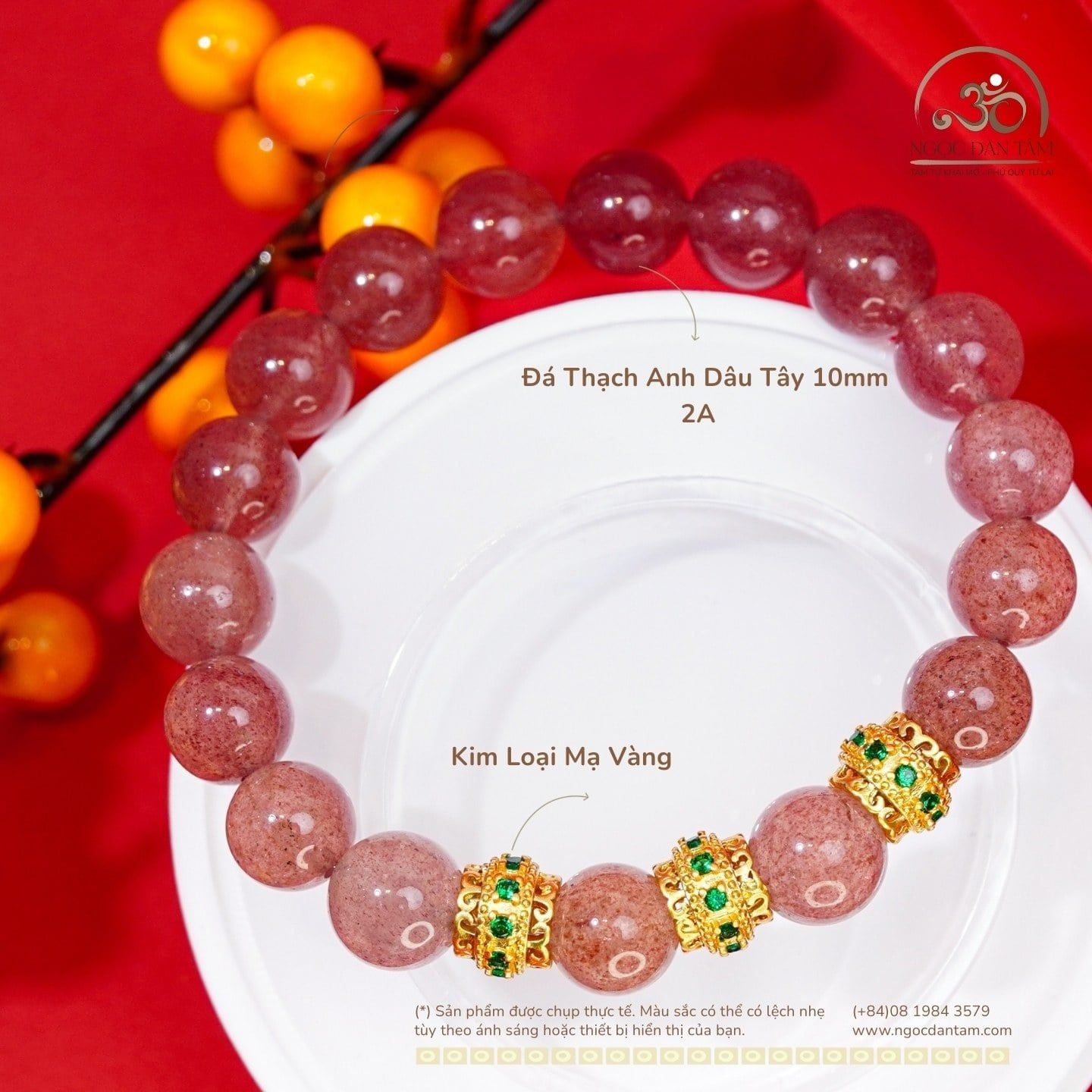  Vòng Tay Thạch Anh Dâu Tây 10mm 2A Phối Charm Trụ Tròn Đính Hạt Xanh Mạ Vàng 