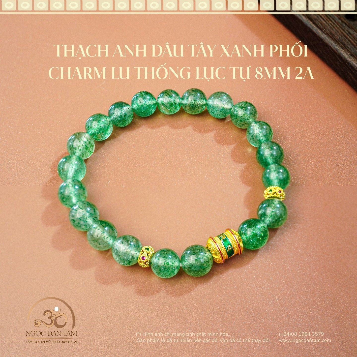  Vòng Tay Thạch Anh Dâu Tây Xanh Phối Charm Lu Thống Lục Tự 8mm - 2A 