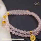 Chuỗi Vòng Tay Thạch Anh Hồng 6mm 5A Phối Charm Bạc 925 Mạ Vàng Cao Cấp 