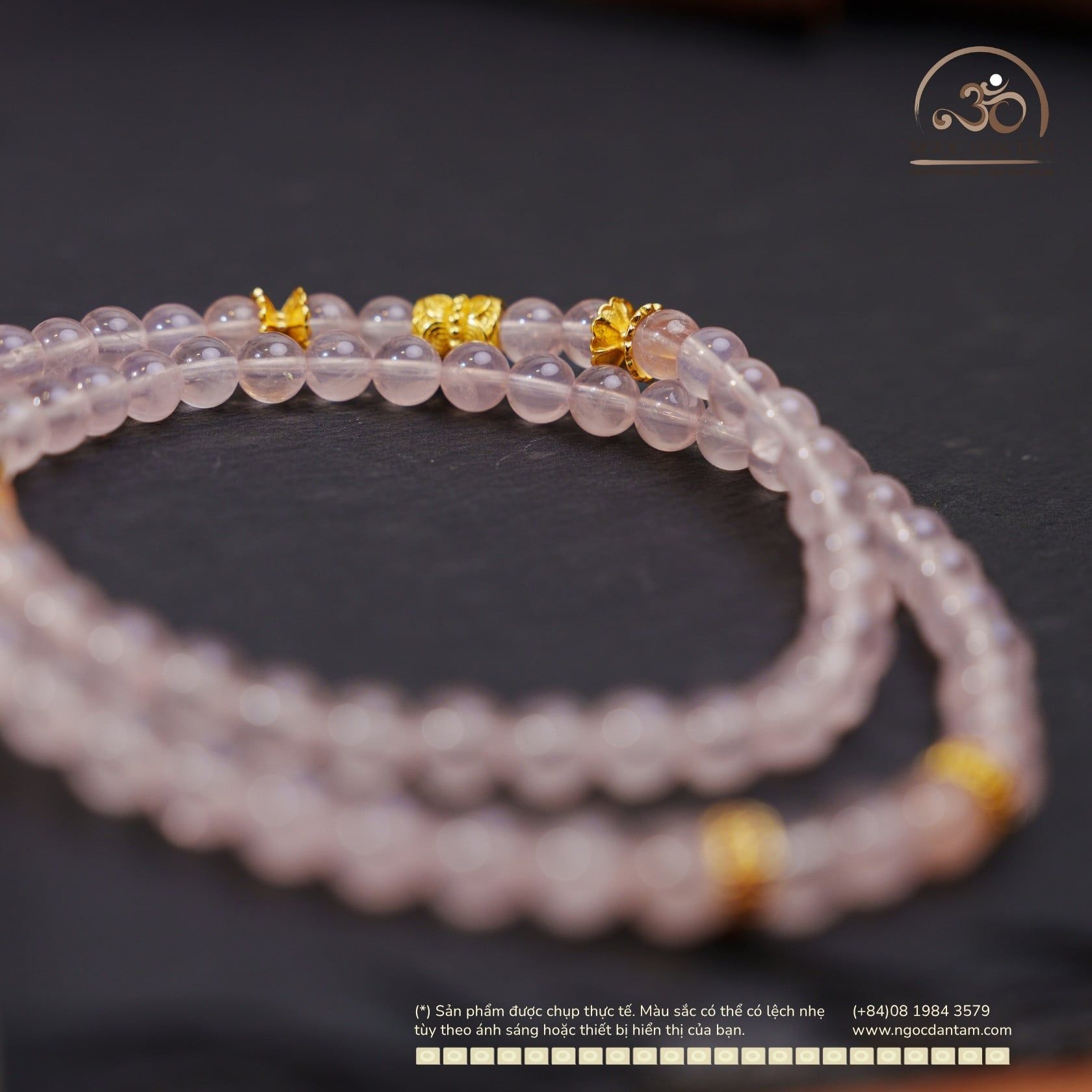  Chuỗi Vòng Tay Thạch Anh Hồng 6mm 5A Phối Charm Bạc 925 Mạ Vàng Cao Cấp 