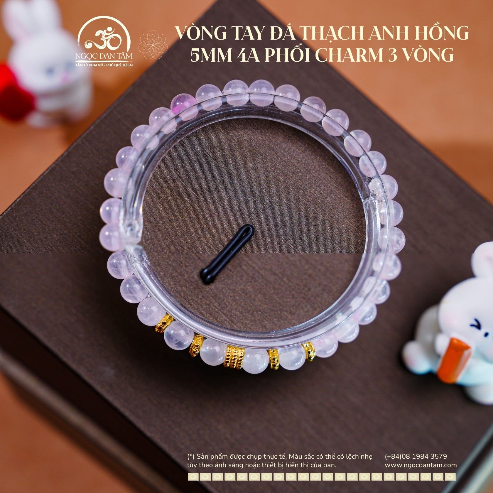  Vòng Tay Đá Thạch Anh Hồng 5mm 4A Phối Charm 3 Vòng 