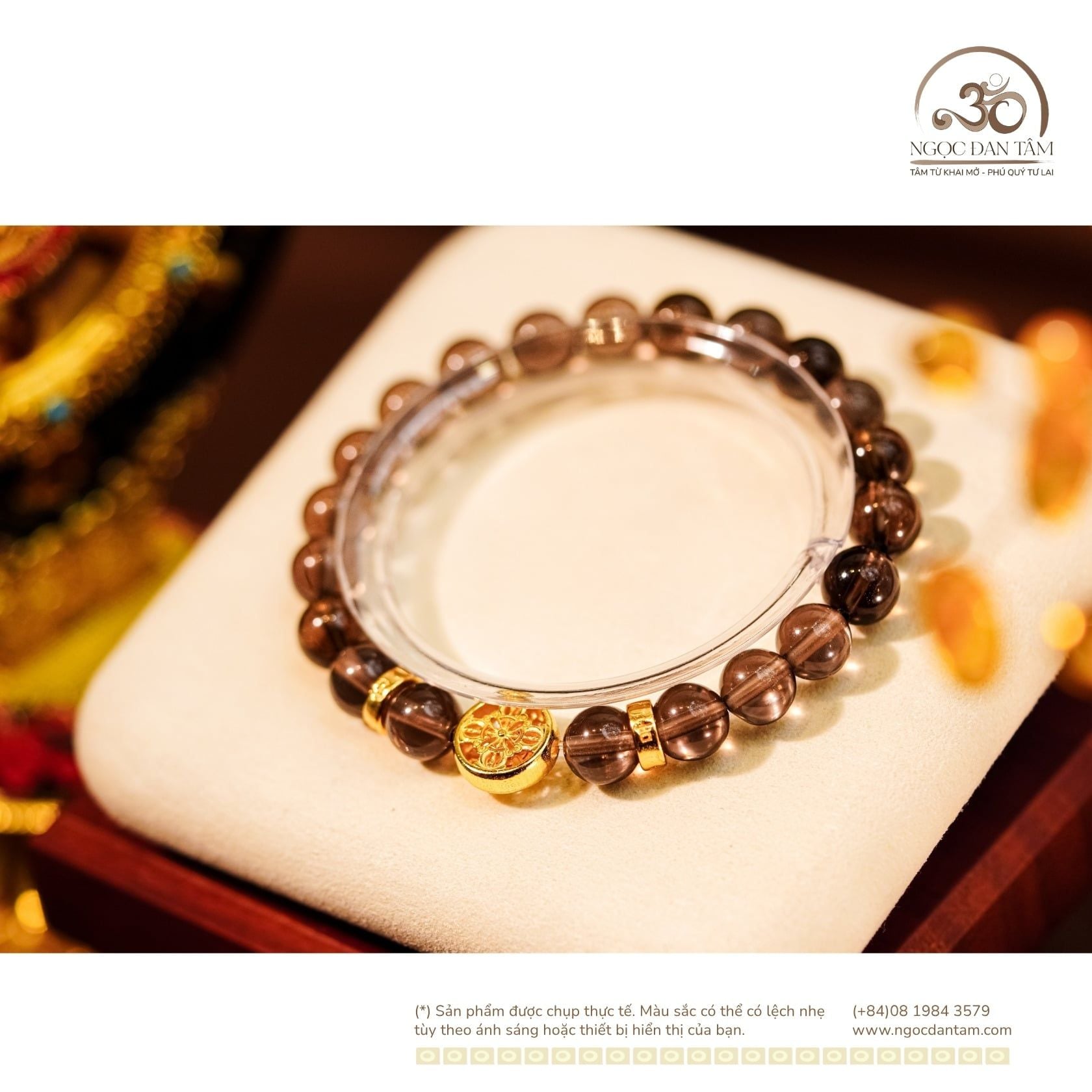  Vòng Tay Thạch Anh Khói 8mm 2A Phối Charm Bánh Xe Pháp Luân Đại Cát 