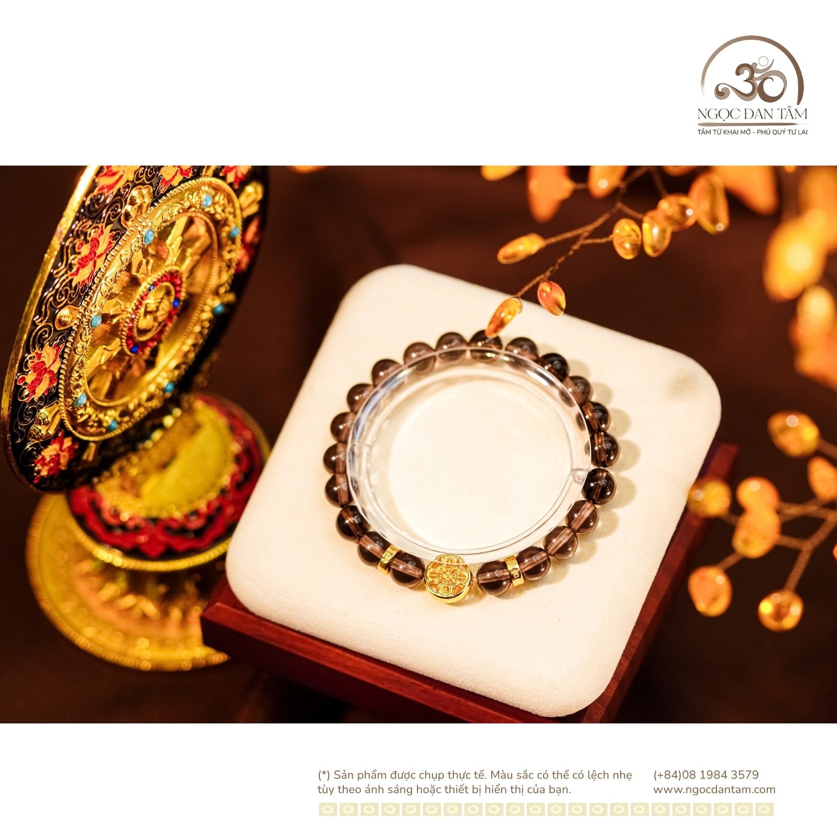  Vòng Tay Thạch Anh Khói 8mm 2A Phối Charm Bánh Xe Pháp Luân Đại Cát 
