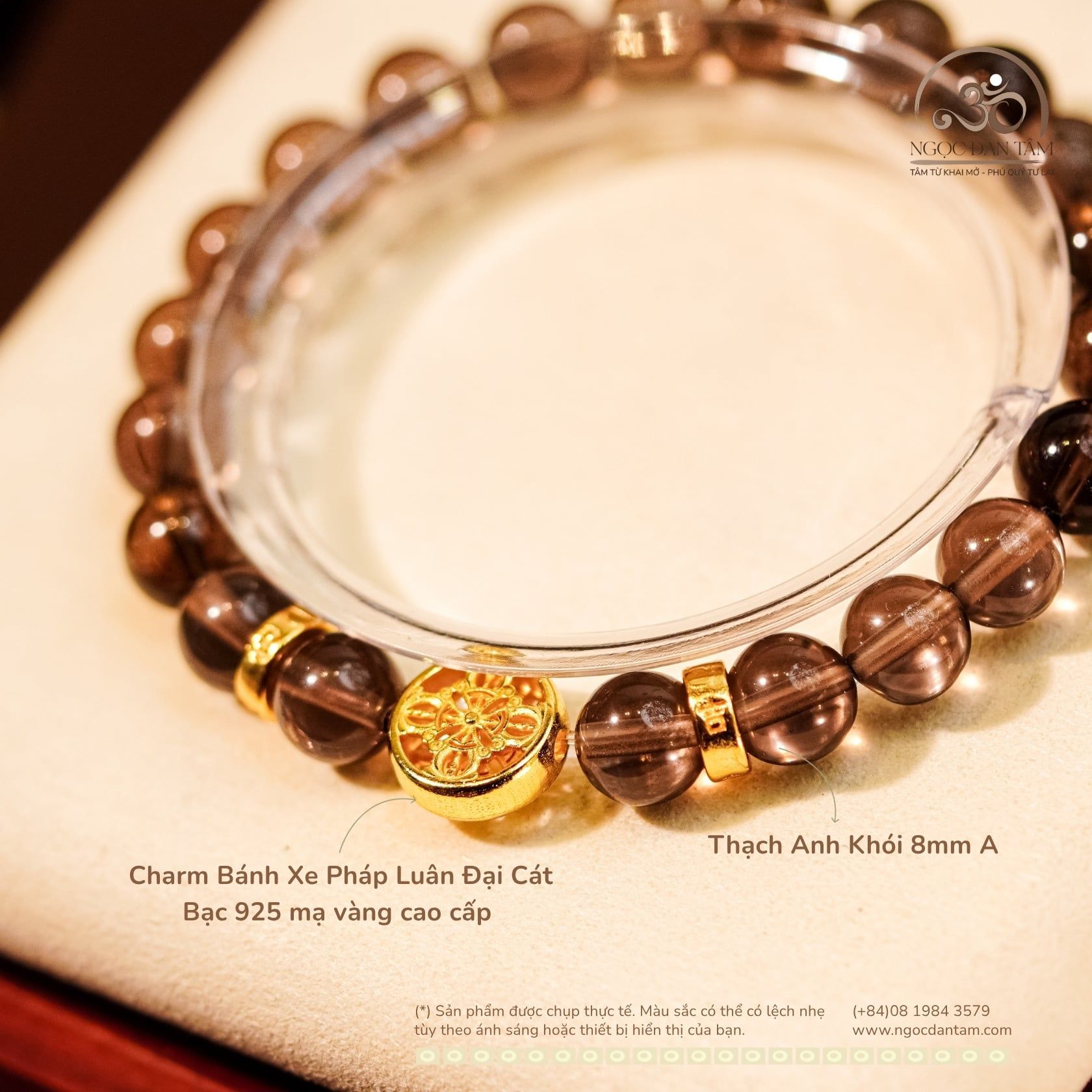  Vòng Tay Thạch Anh Khói 8mm 2A Phối Charm Bánh Xe Pháp Luân Đại Cát 