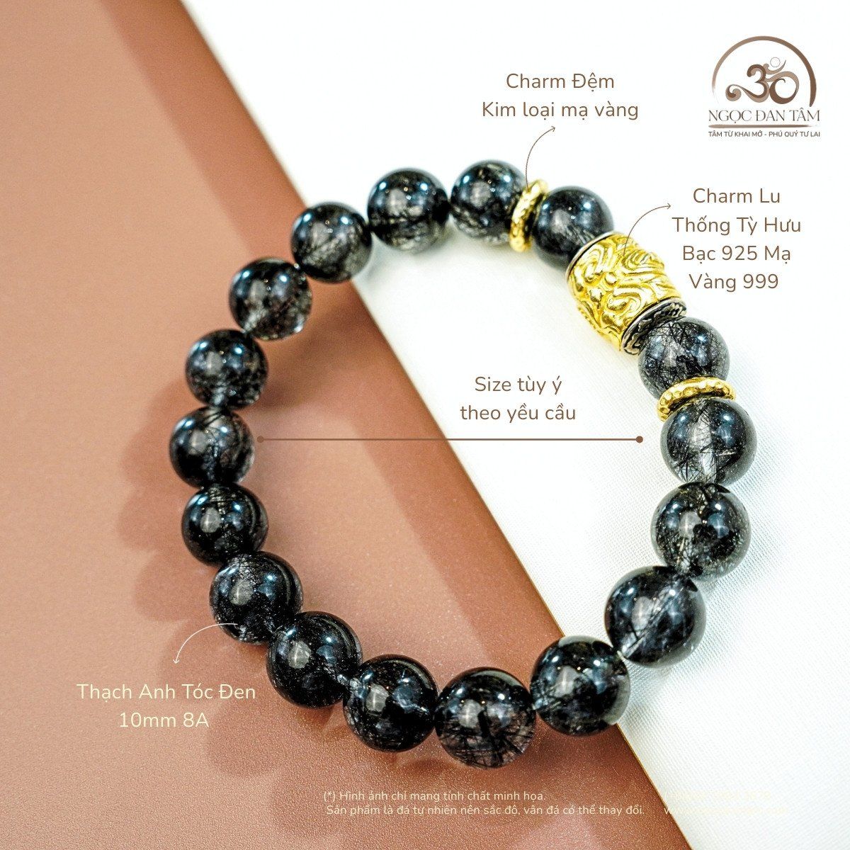  Vòng Tay Thạch Anh Tóc Đen 10mm 8A Phối Charm Lu Thống Tỳ Hưu 