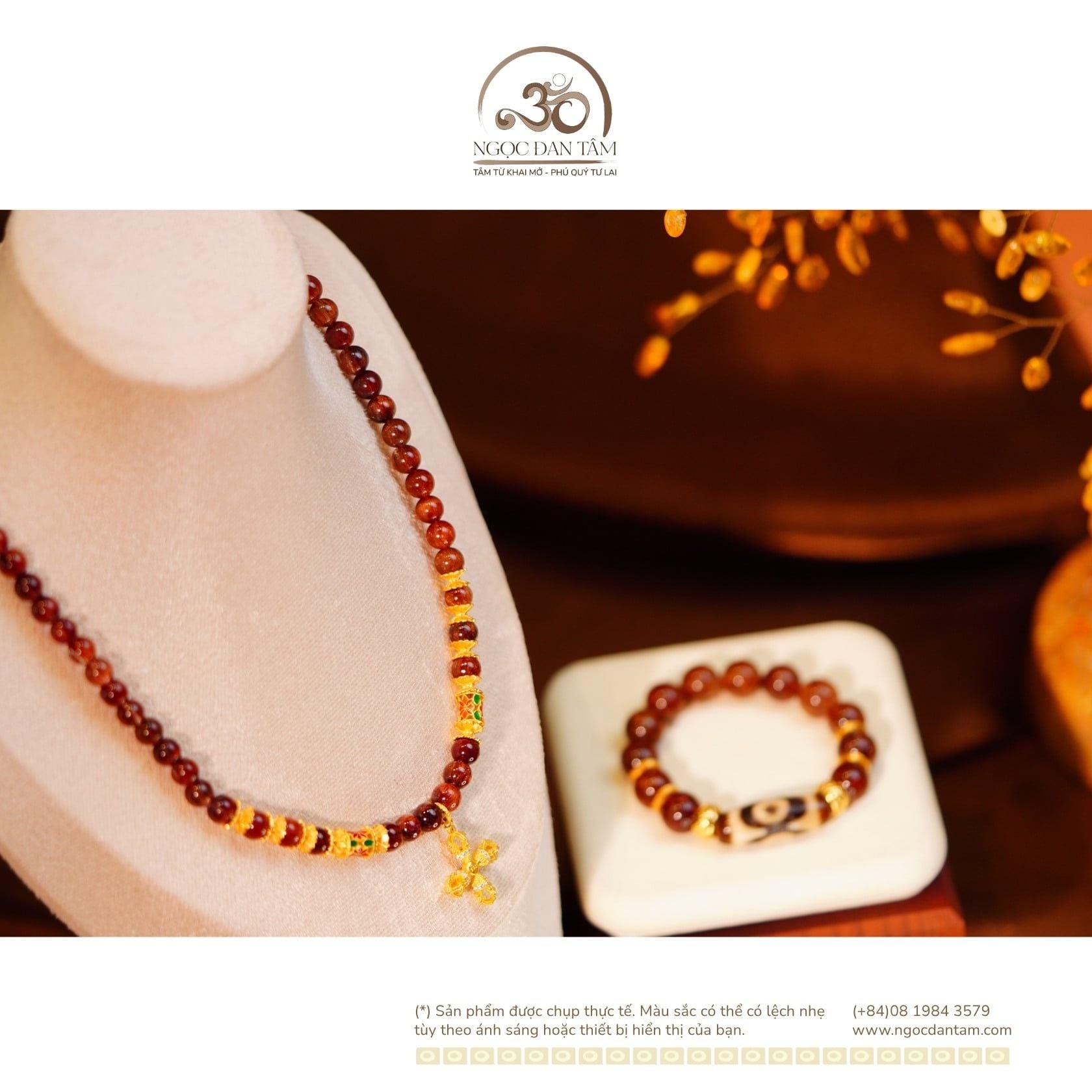  Vòng Cổ Thạch Anh Tóc Đỏ Đồng Trục Phối Charm Chùy Kim Cang 