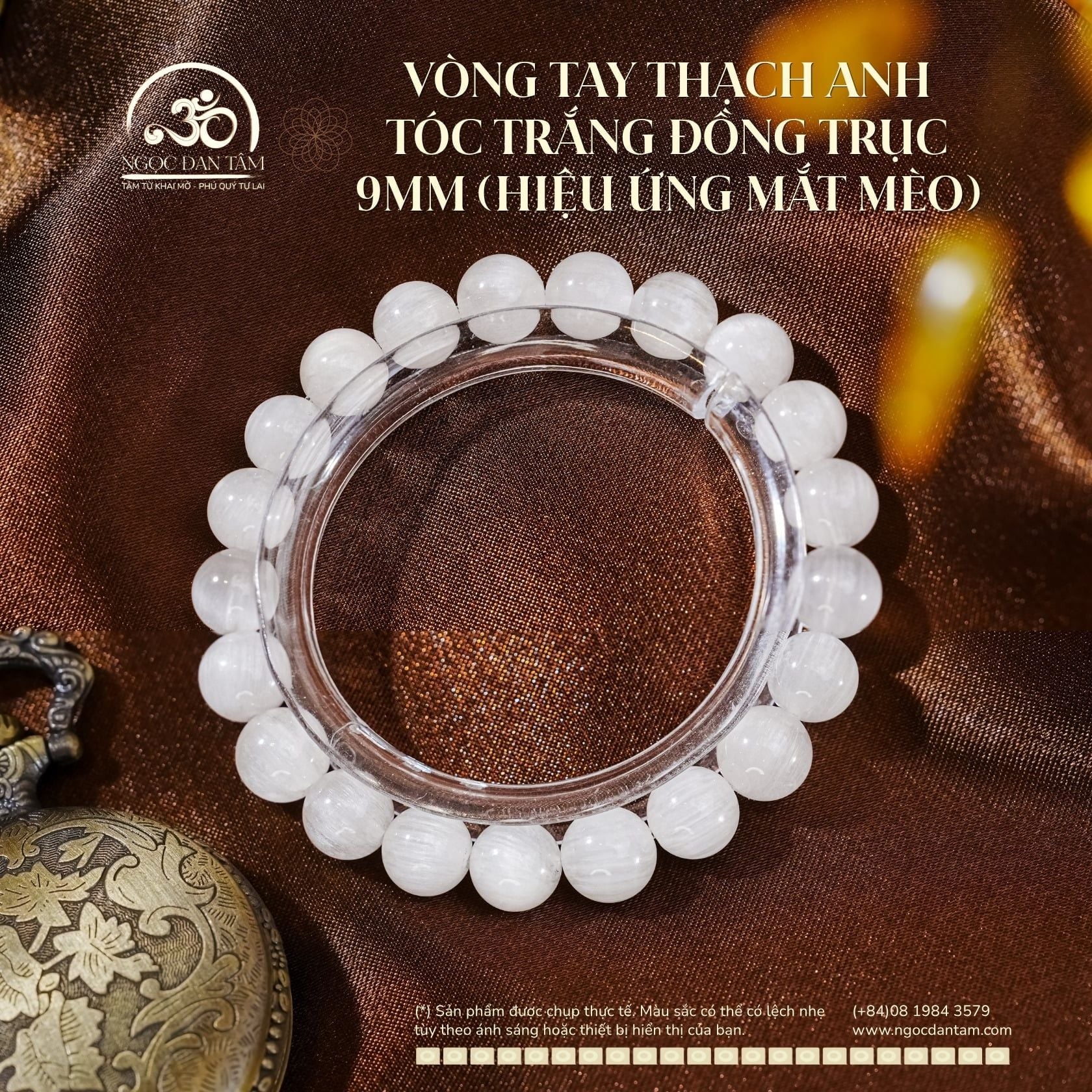  Vòng Tay Thạch Anh Tóc Trắng Đồng Trục 9mm (Hiệu Ứng Mắt Mèo) 