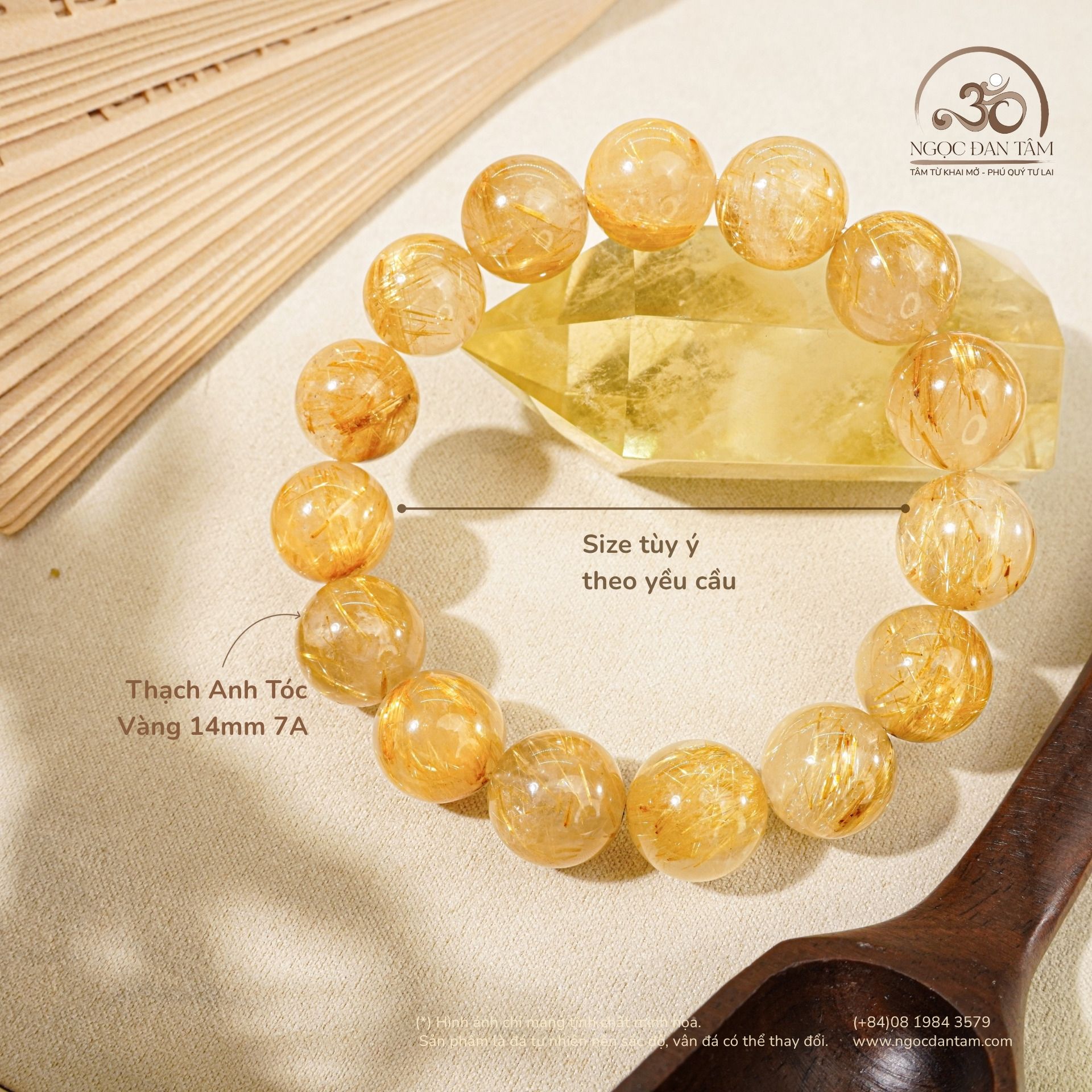  Vòng Tay Thạch Anh Tóc Vàng 14mm 7A 