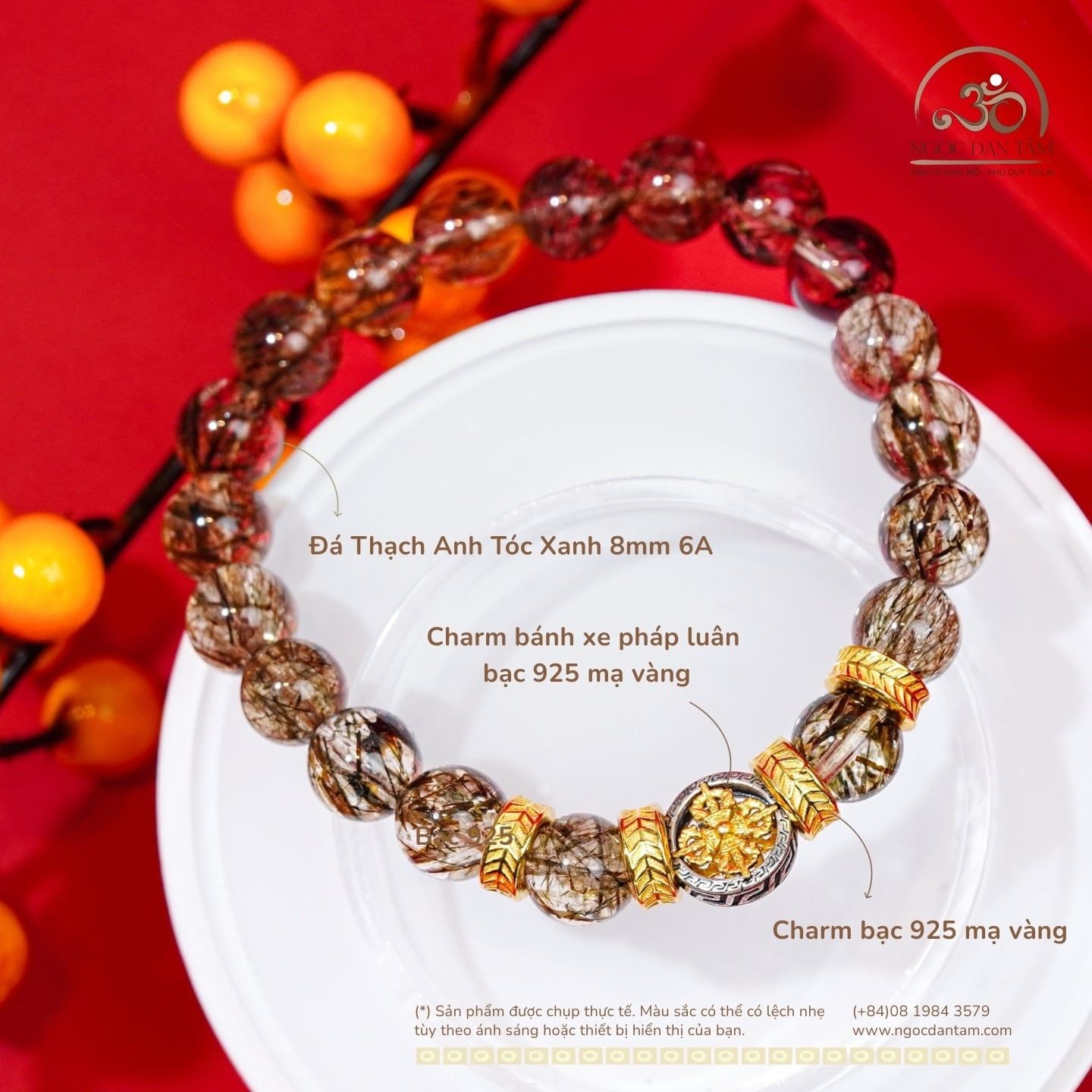  Vòng Tay Thạch Anh Tóc Xanh 8mm 6A Phối Charm Bánh Xe Pháp Luân Nhỏ 