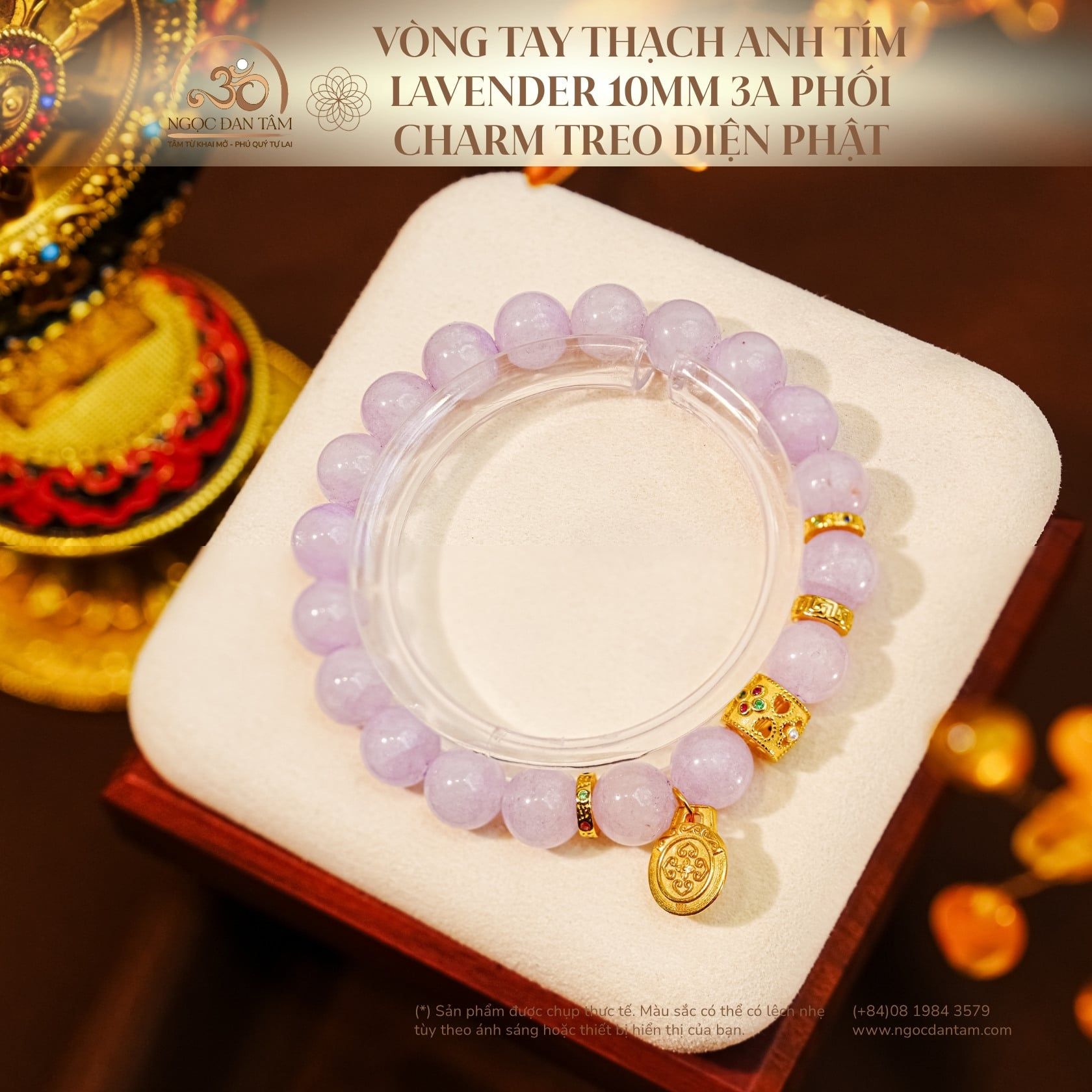  Vòng Tay Thạch Anh Tím Lavender 10mm 3A Phối Charm Diện Phật Chùy Kim Cang Đôi 